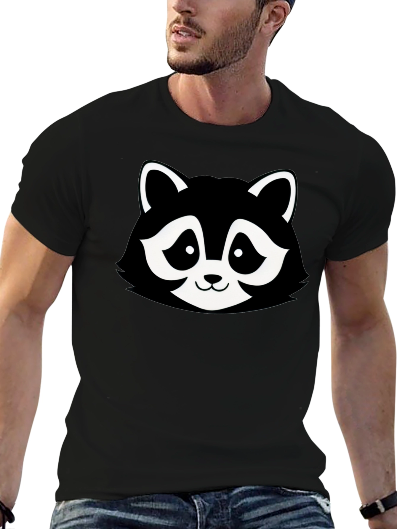 Cartoon Raccoon Graphic T-Shirt - Black