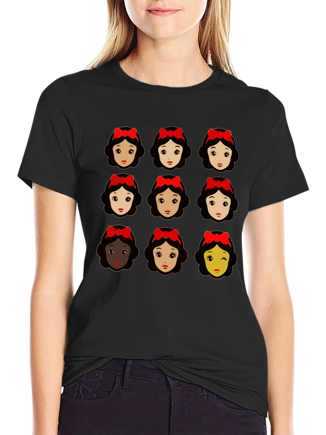 Snow White Faces Graphic T-Shirt - Black