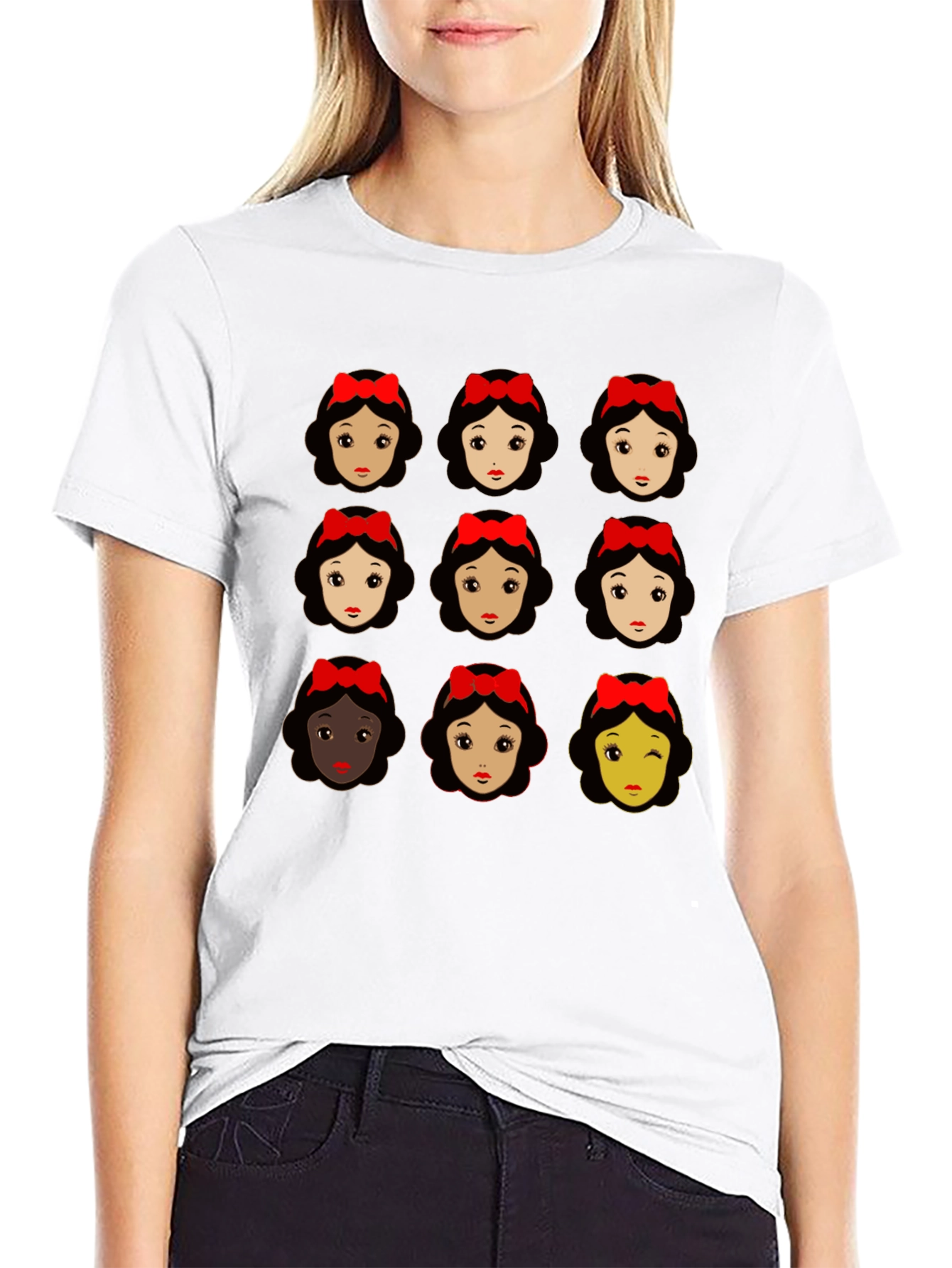 Snow White Faces Graphic T-Shirt - Black