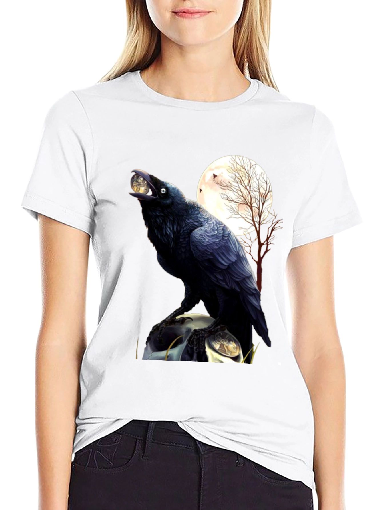 Raven Moon T-Shirt: Gothic Bird Design