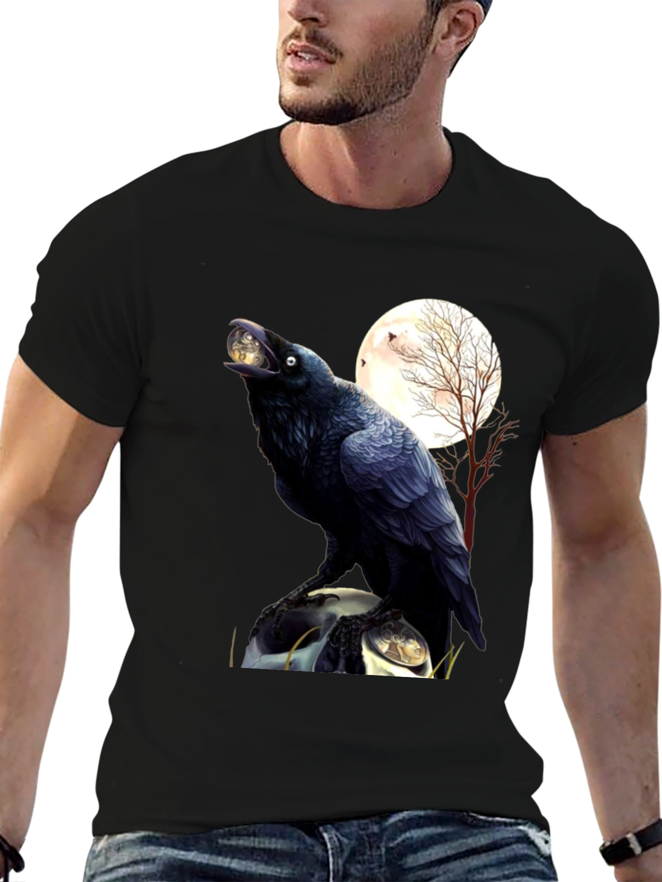 Raven Moon T-Shirt: Gothic Bird Design