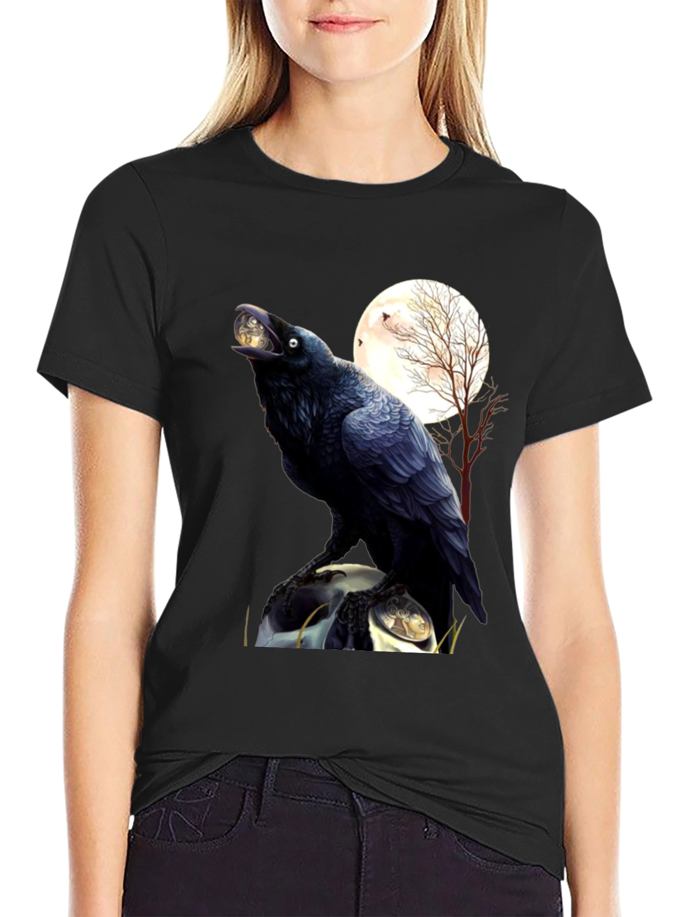 Raven Moon T-Shirt: Gothic Bird Design