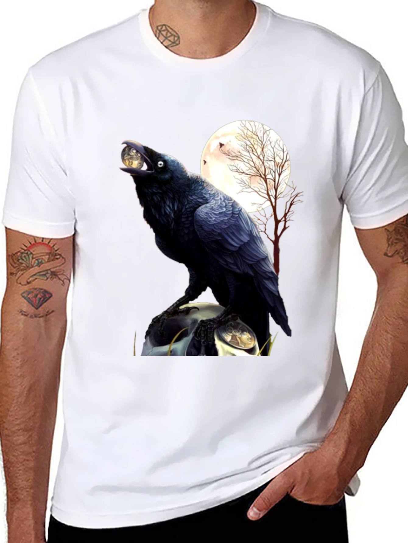 Raven Moon T-Shirt: Gothic Bird Design