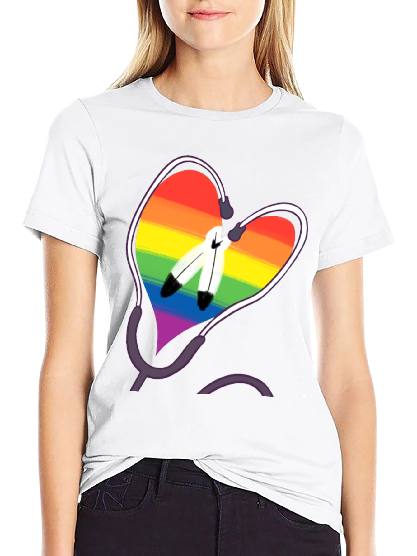 Rainbow Heart & Feather Graphic T-Shirt