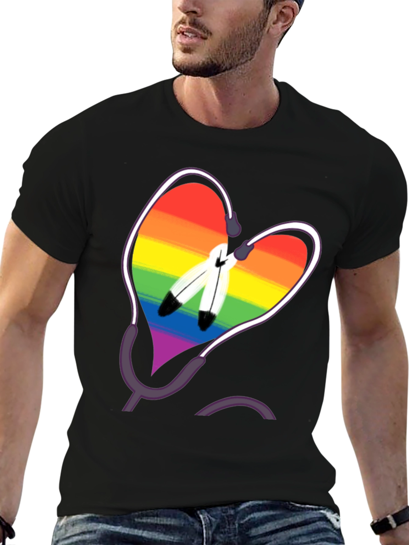 Rainbow Heart & Feather Graphic T-Shirt