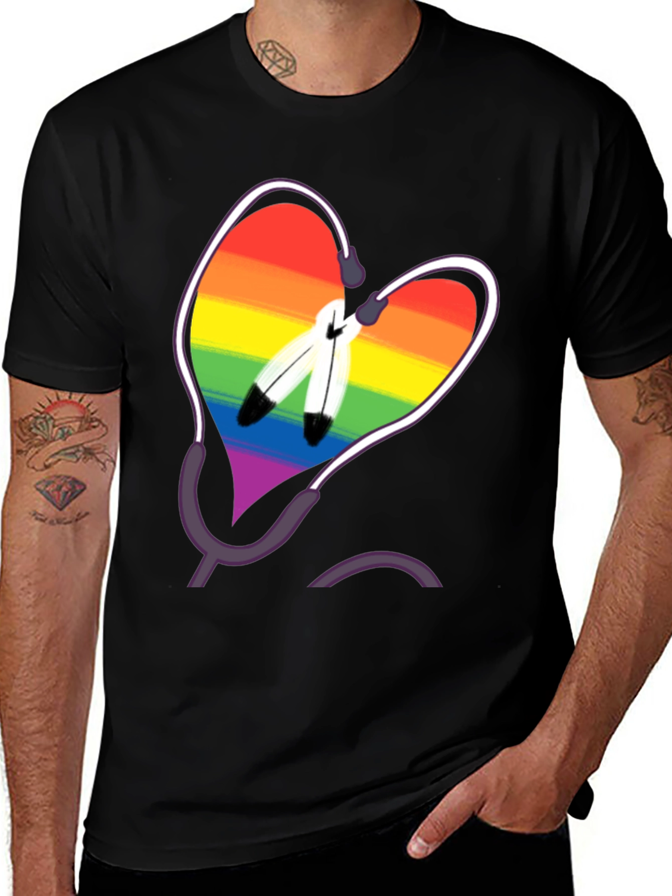 Rainbow Heart & Feather Graphic T-Shirt