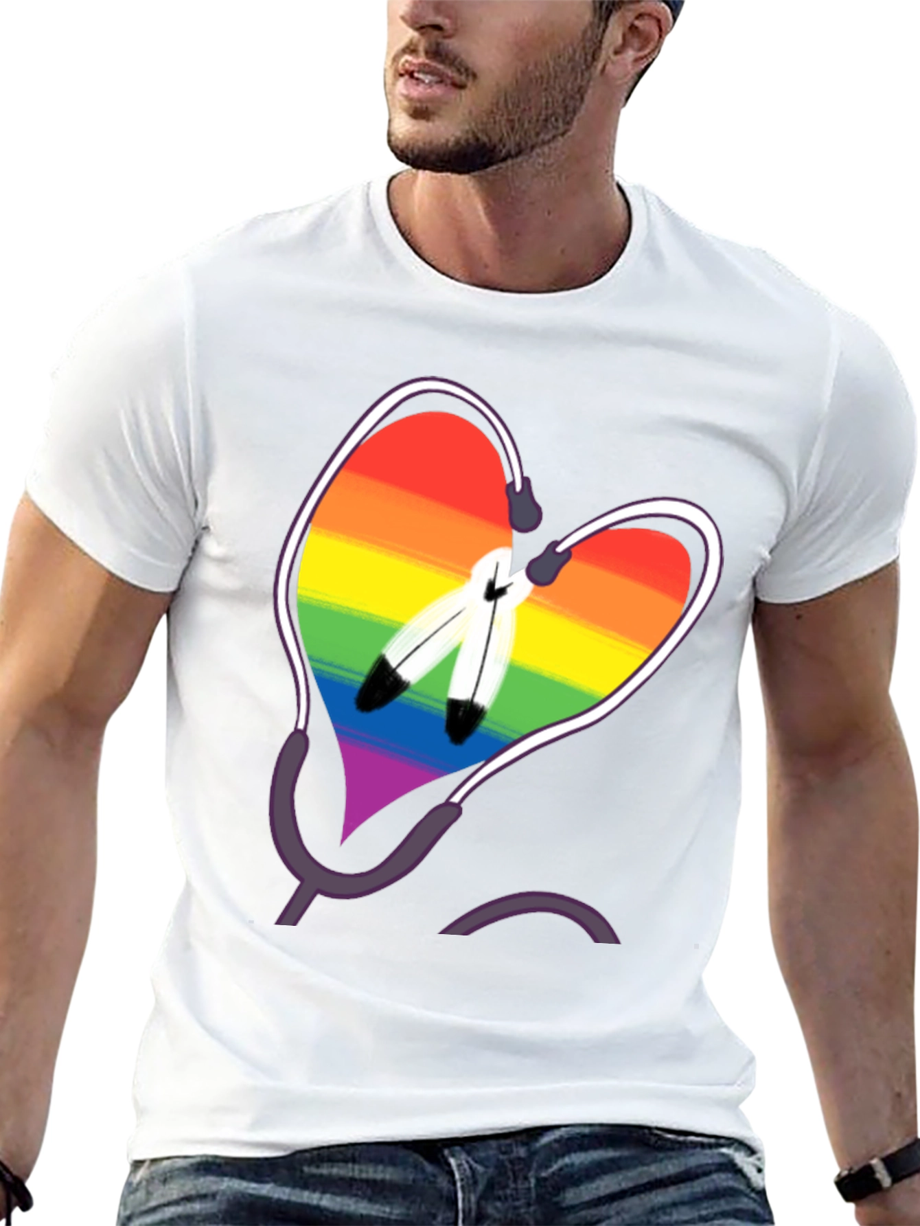 Rainbow Heart & Feather Graphic T-Shirt
