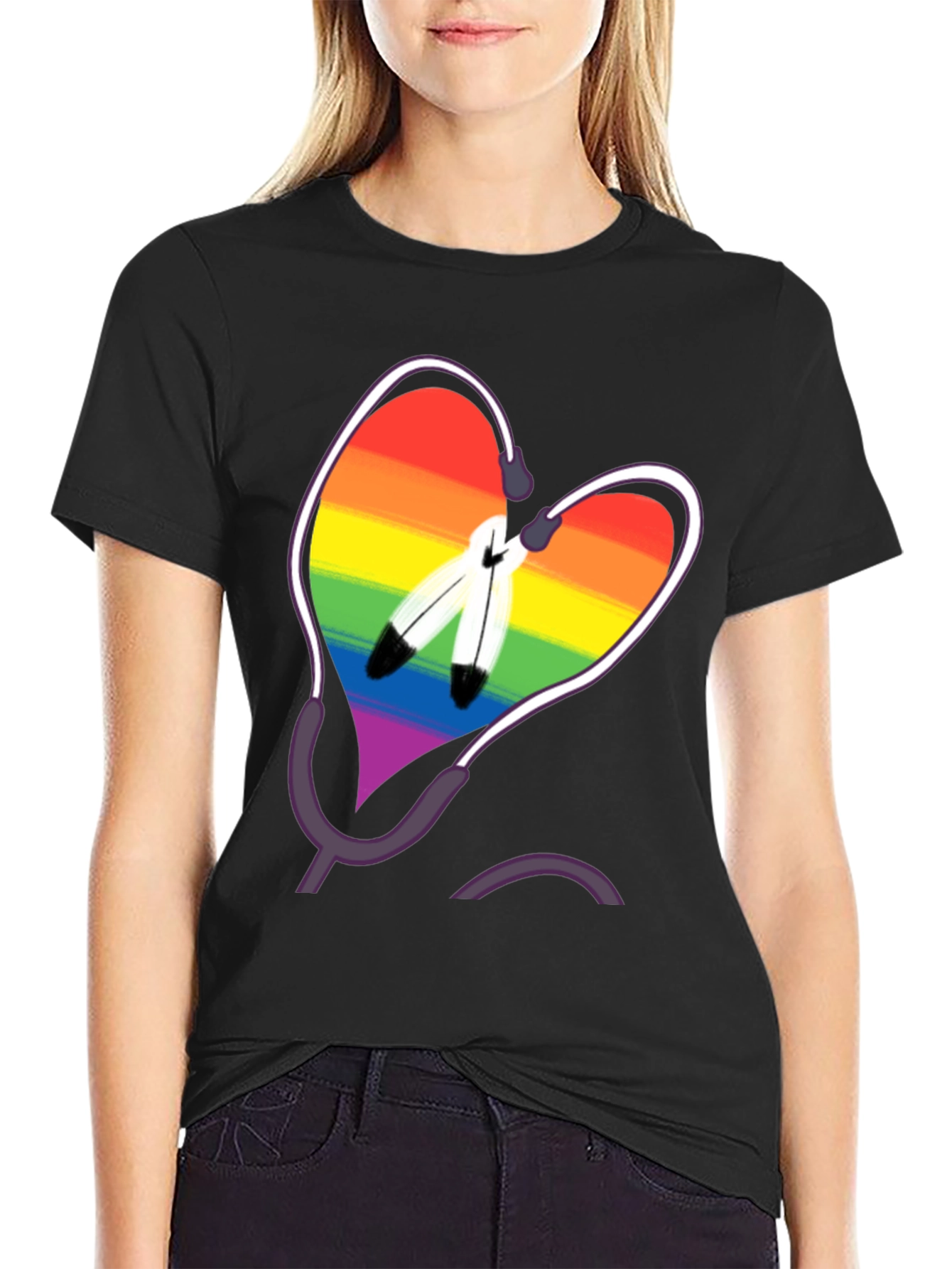 Rainbow Heart & Feather Graphic T-Shirt