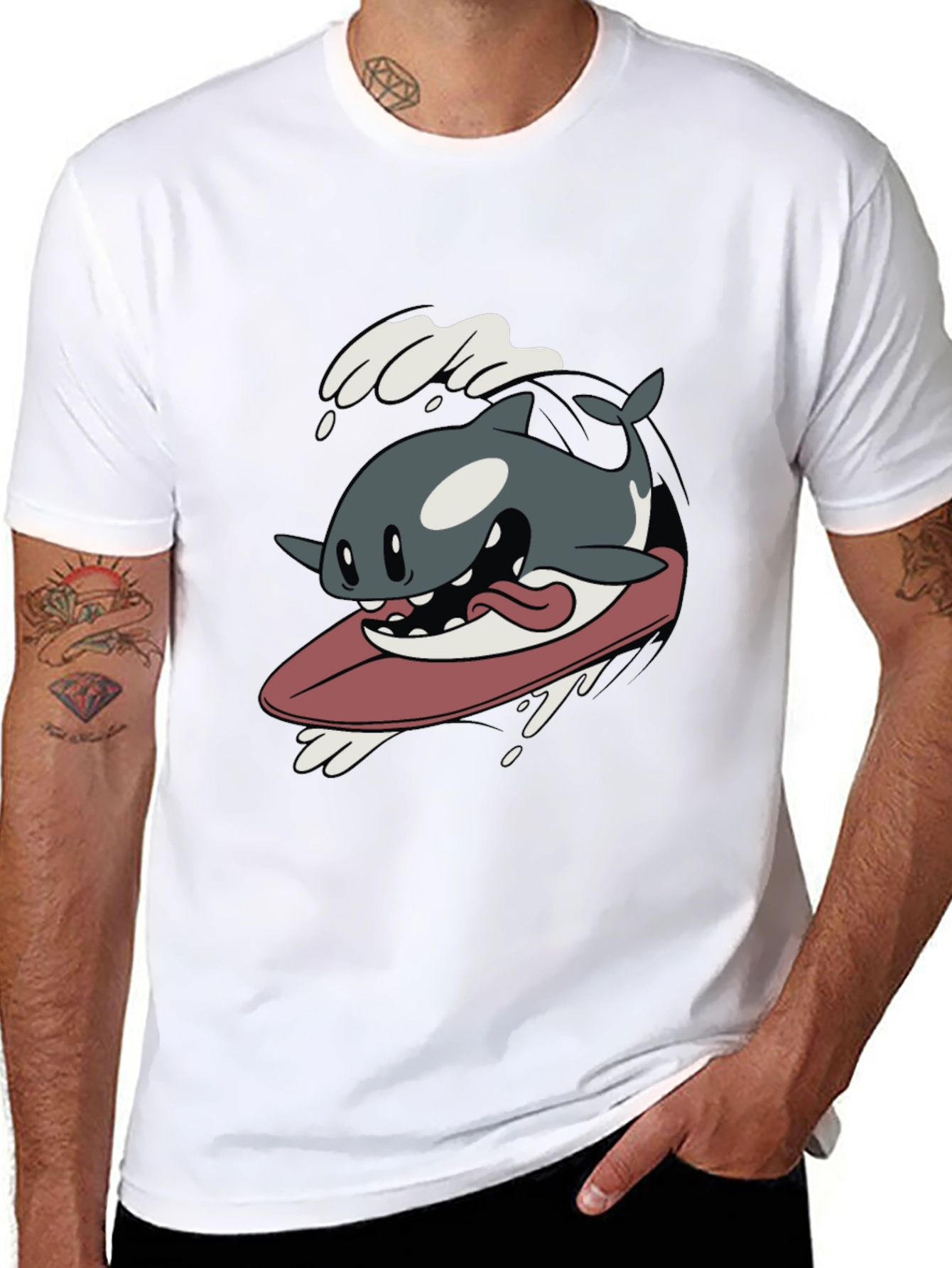 Surfing Orca Cartoon Graphic T-Shirt