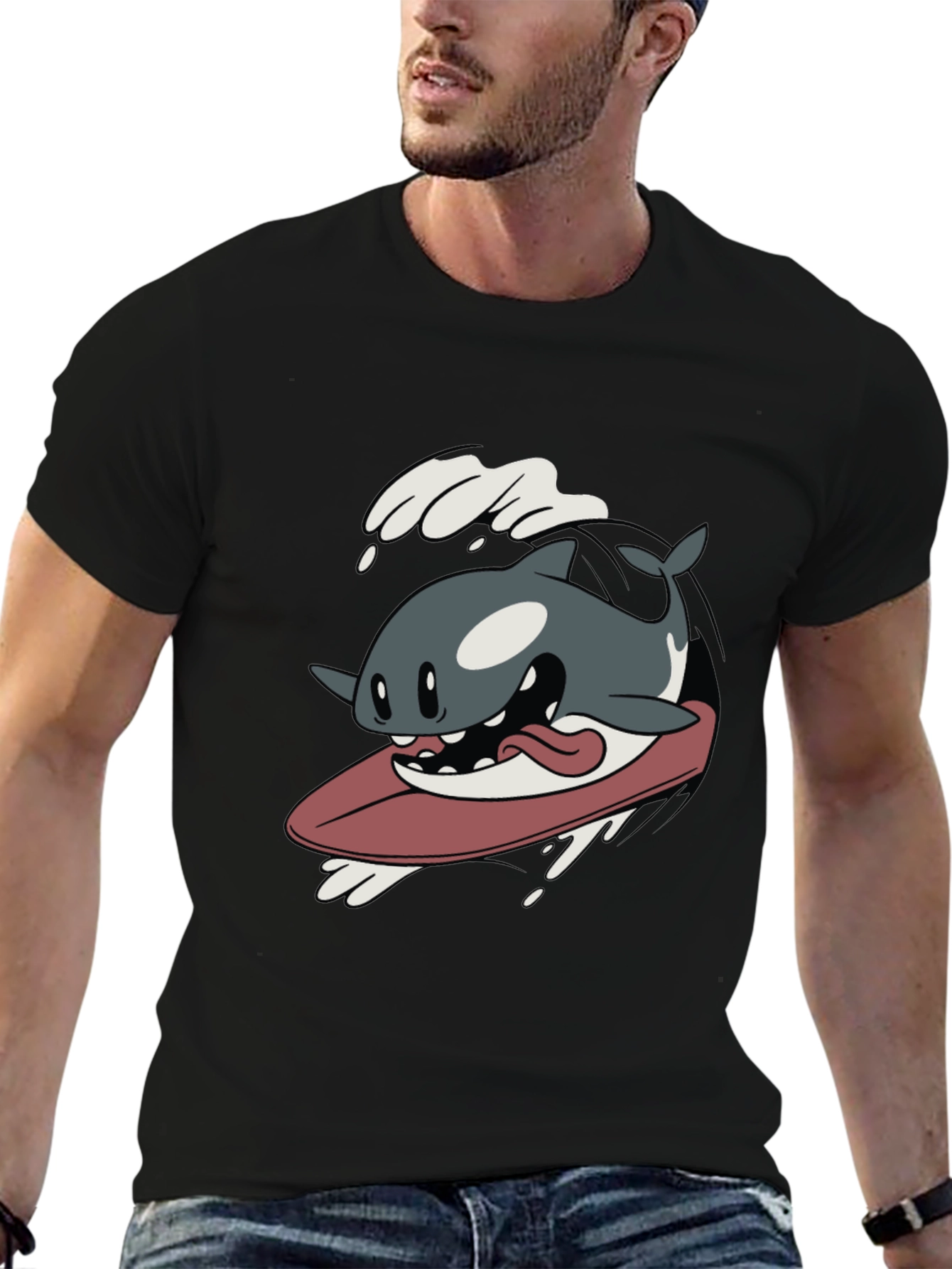 Surfing Orca Cartoon Graphic T-Shirt