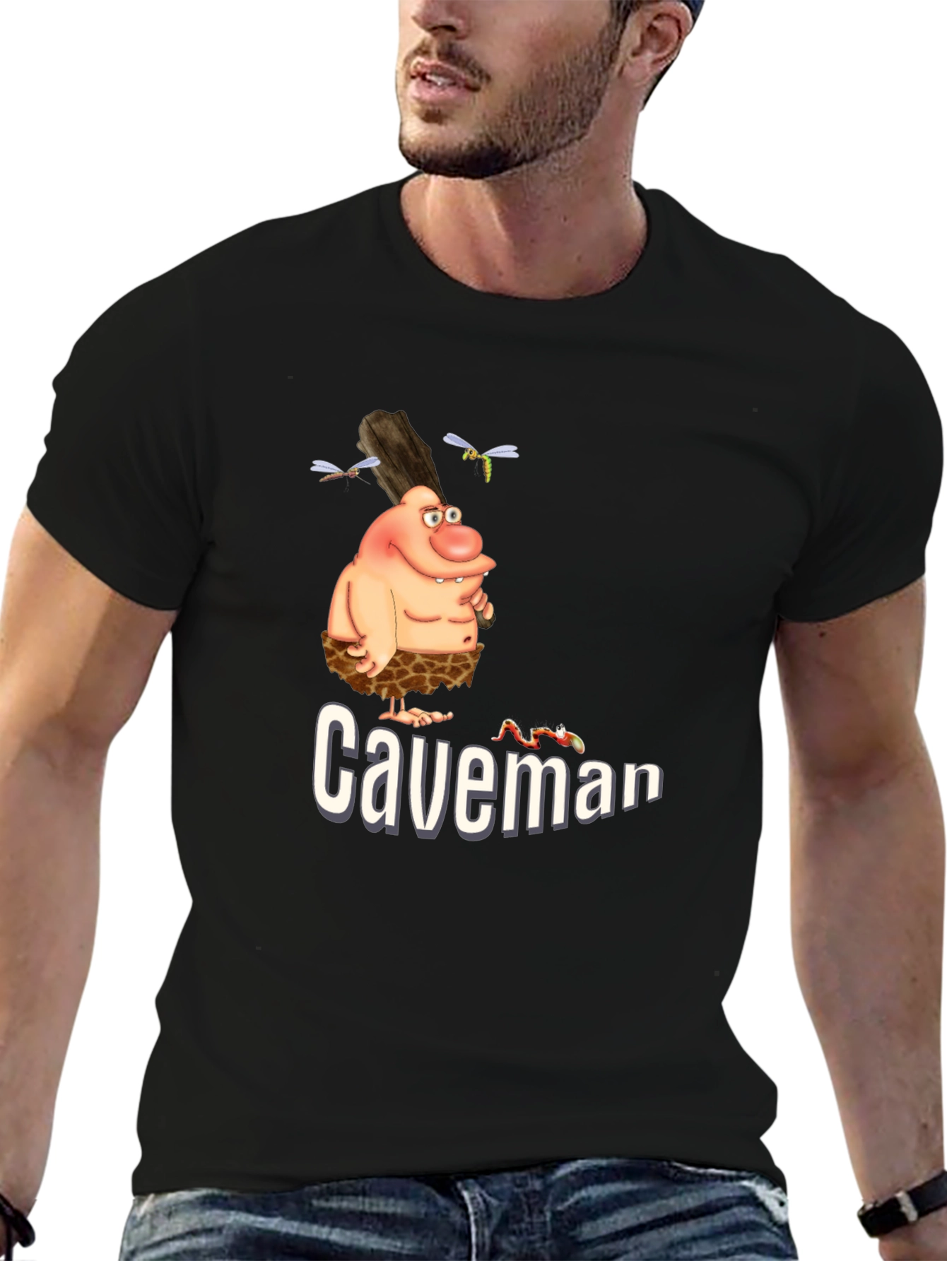 Caveman Cartoon Graphic Tee - Black T-Shirt