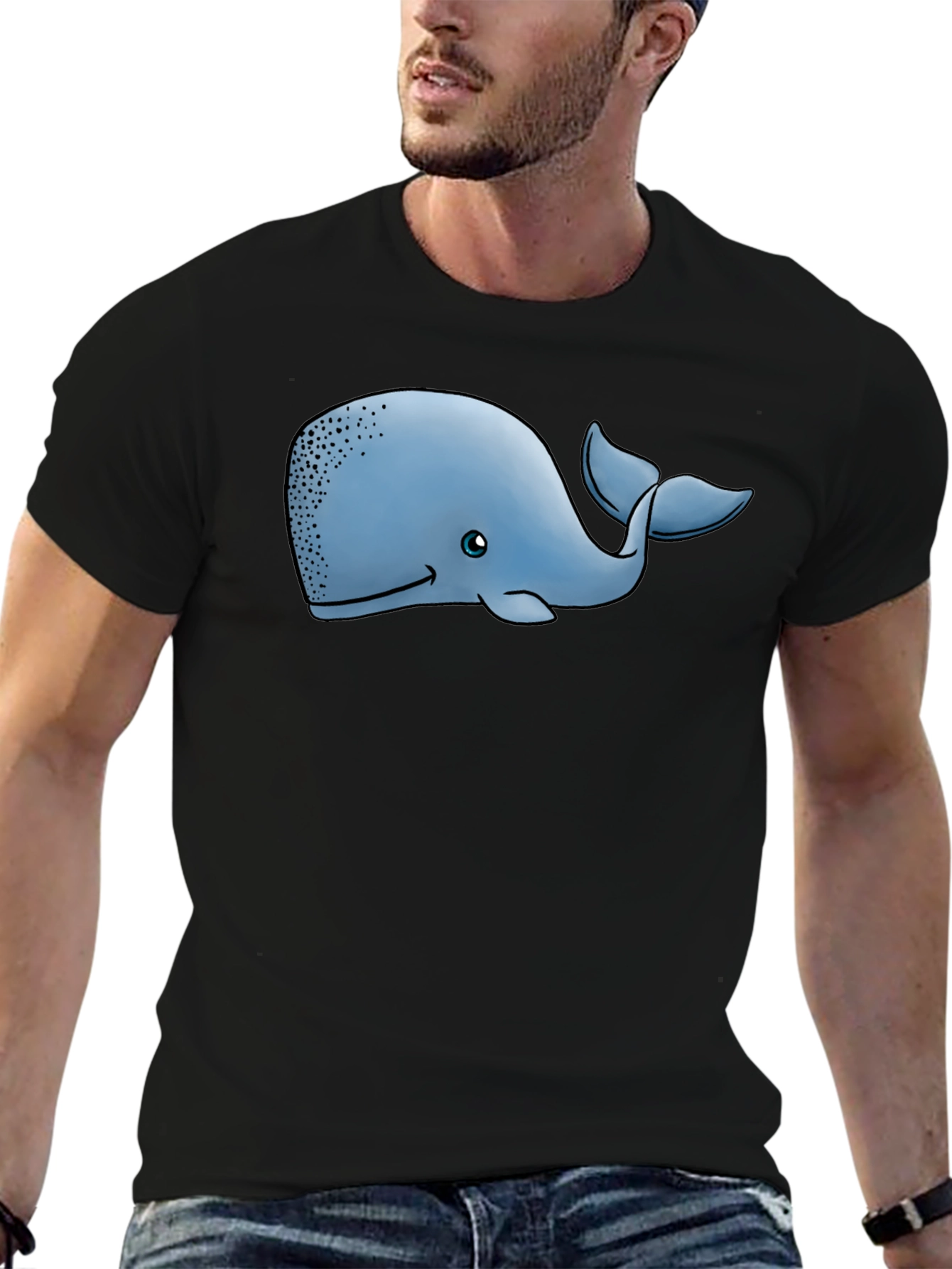 Cartoon Whale Graphic Tee - Black Cotton T-Shirt