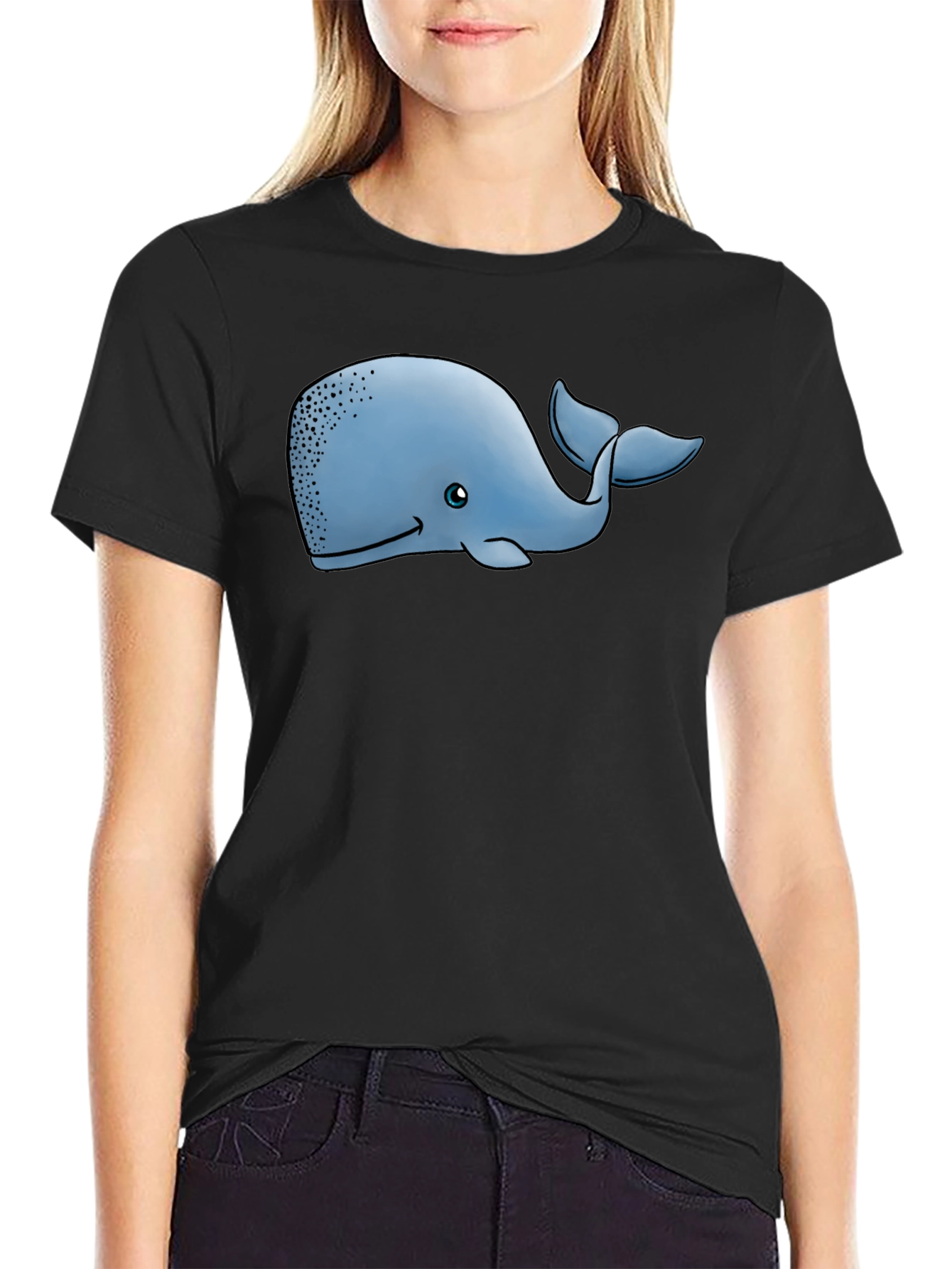 Cartoon Whale Graphic Tee - Black Cotton T-Shirt