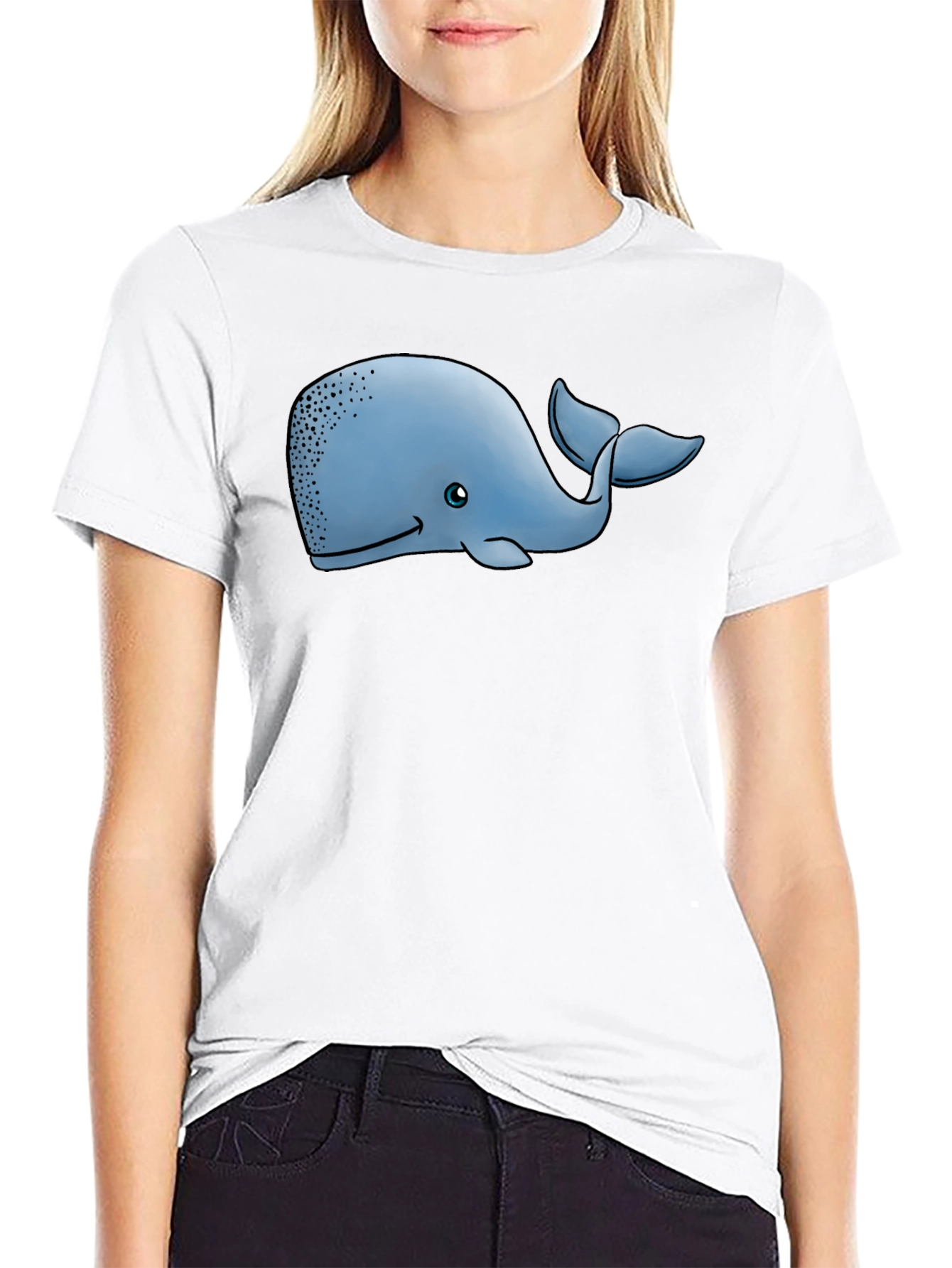 Cartoon Whale Graphic Tee - Black Cotton T-Shirt