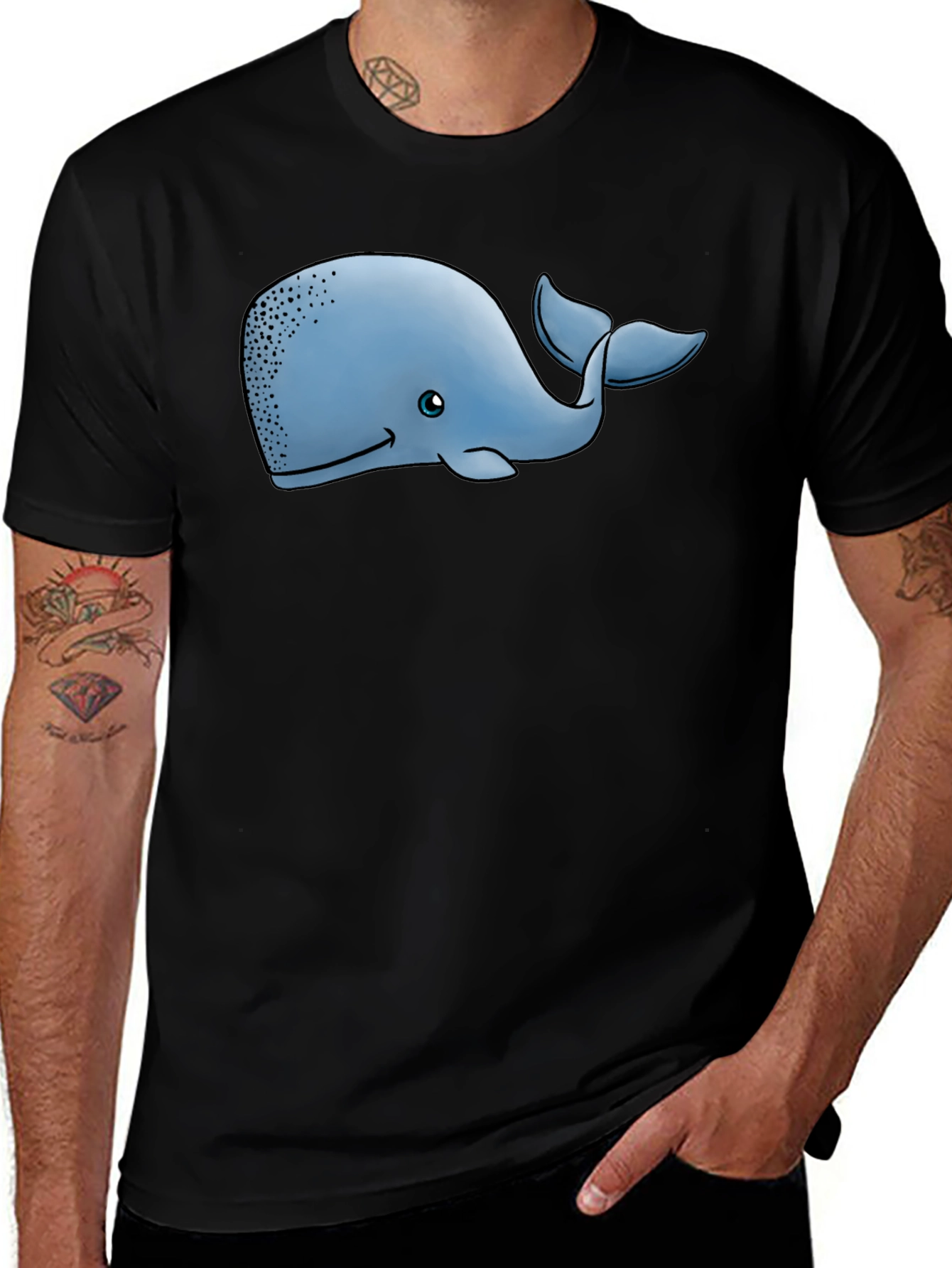 Cartoon Whale Graphic Tee - Black Cotton T-Shirt