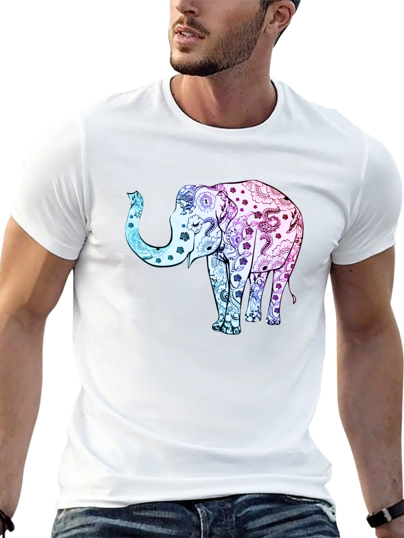 Elephant Floral Print Black Tee Shirt