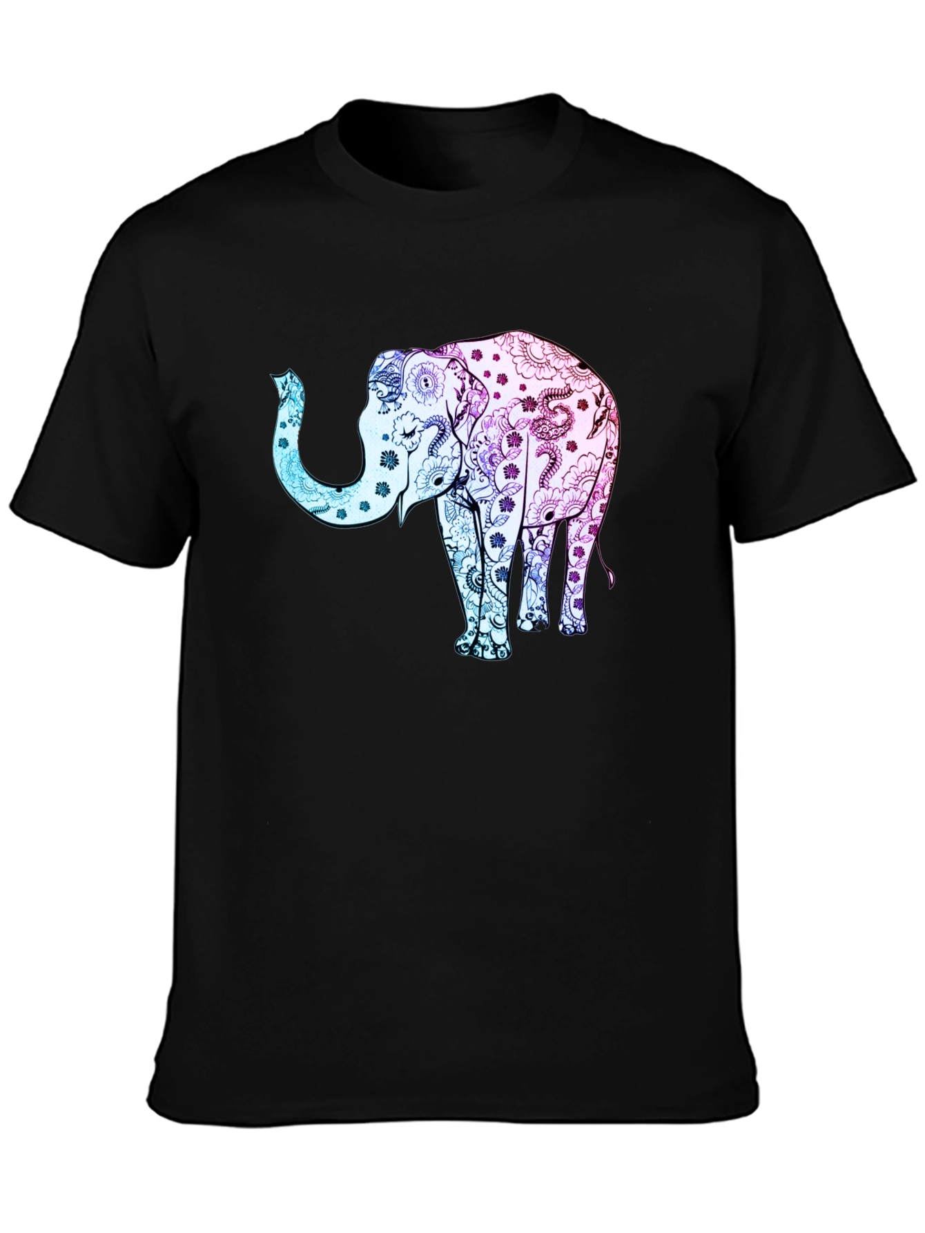Elephant Floral Print Black Tee Shirt