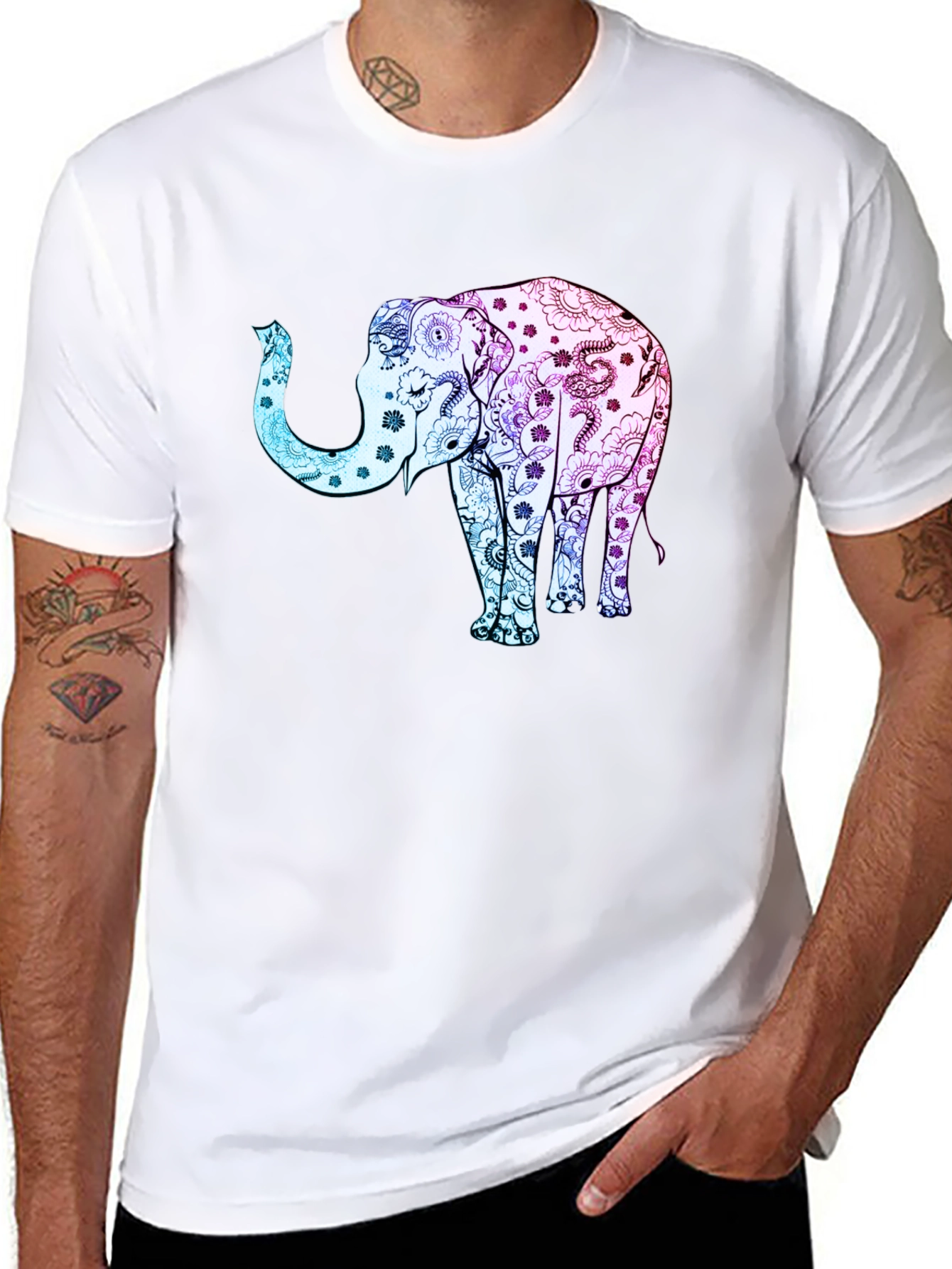 Elephant Floral Print Black Tee Shirt