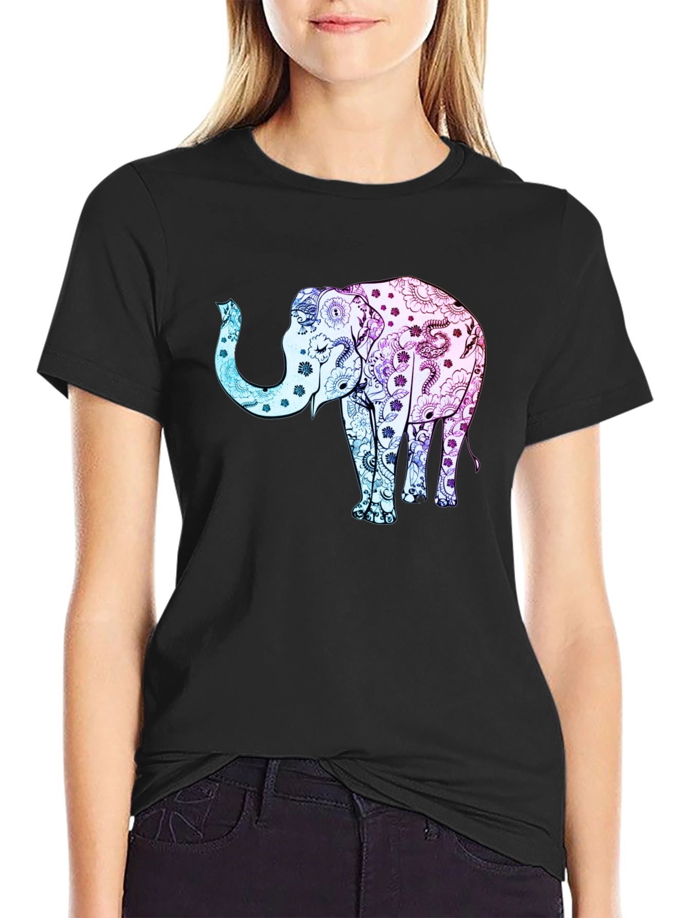 Elephant Floral Print Black Tee Shirt