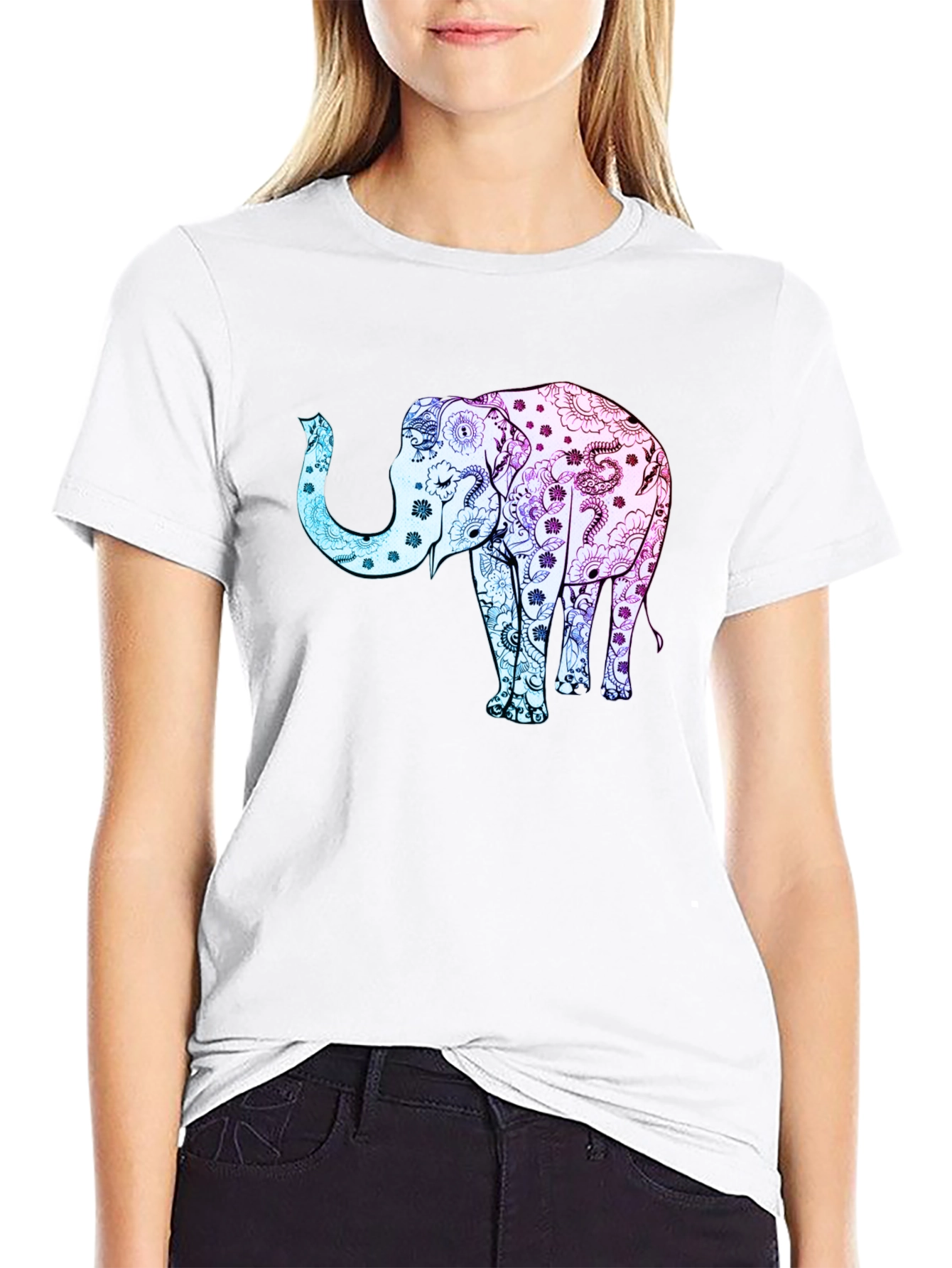 Elephant Floral Print Black Tee Shirt