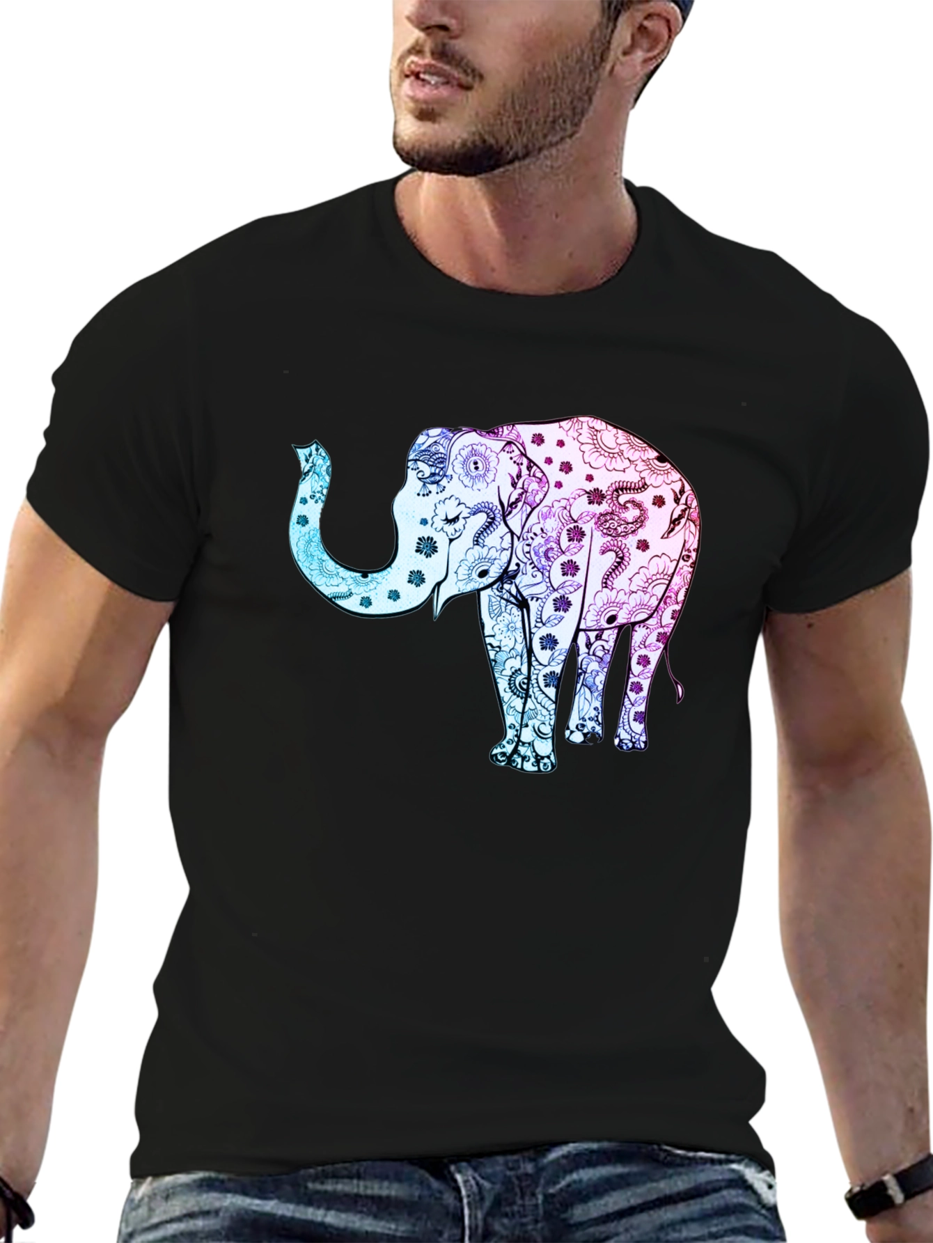 Elephant Floral Print Black Tee Shirt