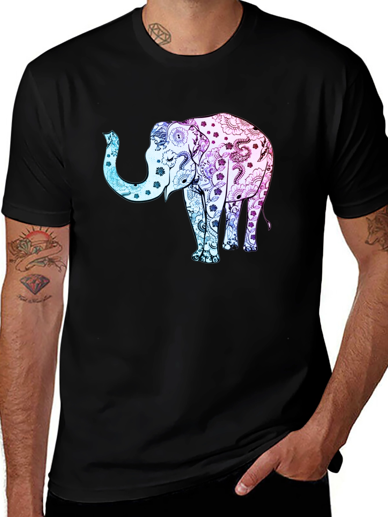 Elephant Floral Print Black Tee Shirt