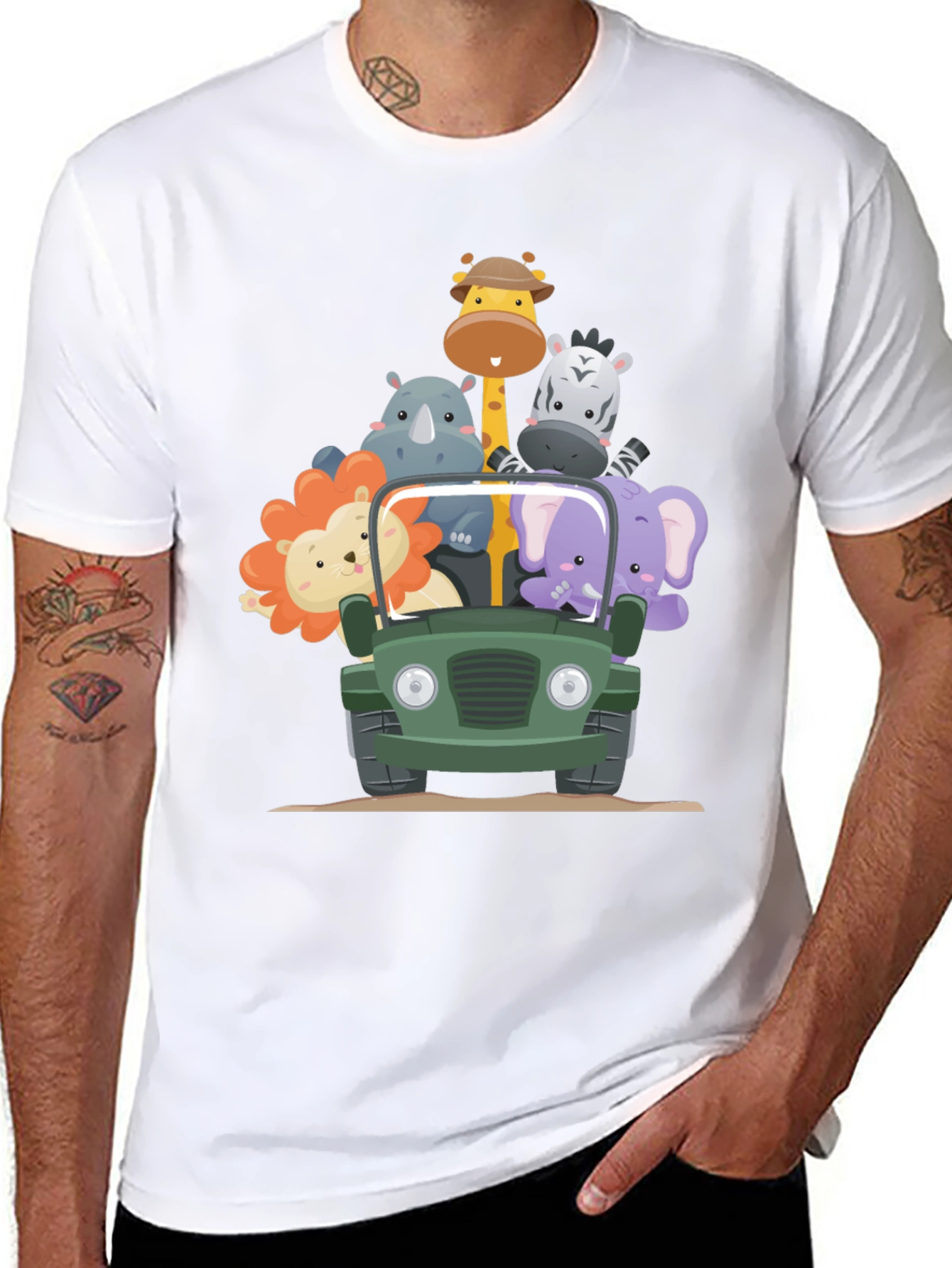 Safari Adventure T-Shirt - Cartoon Animals in a Jeep