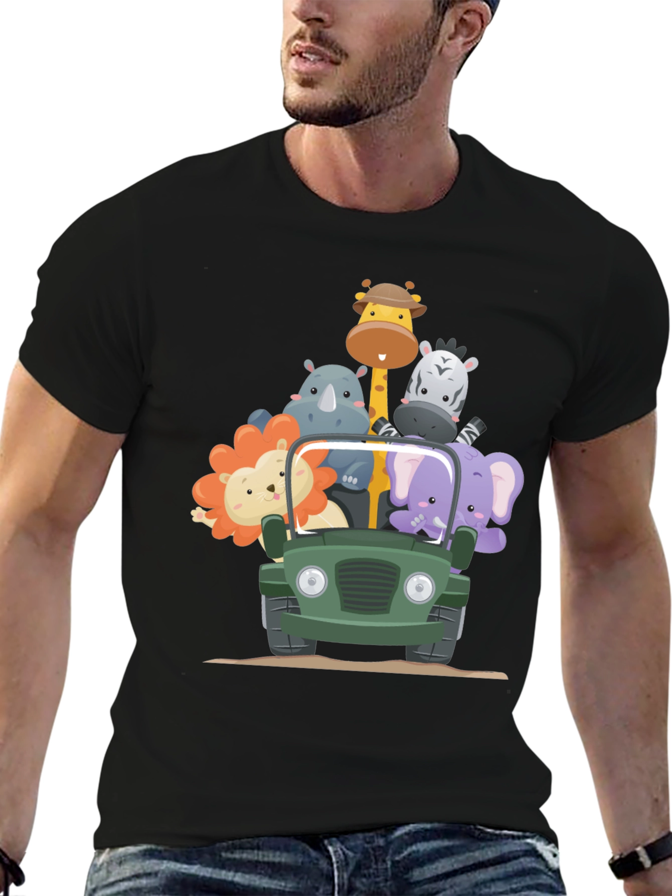 Safari Adventure T-Shirt - Cartoon Animals in a Jeep