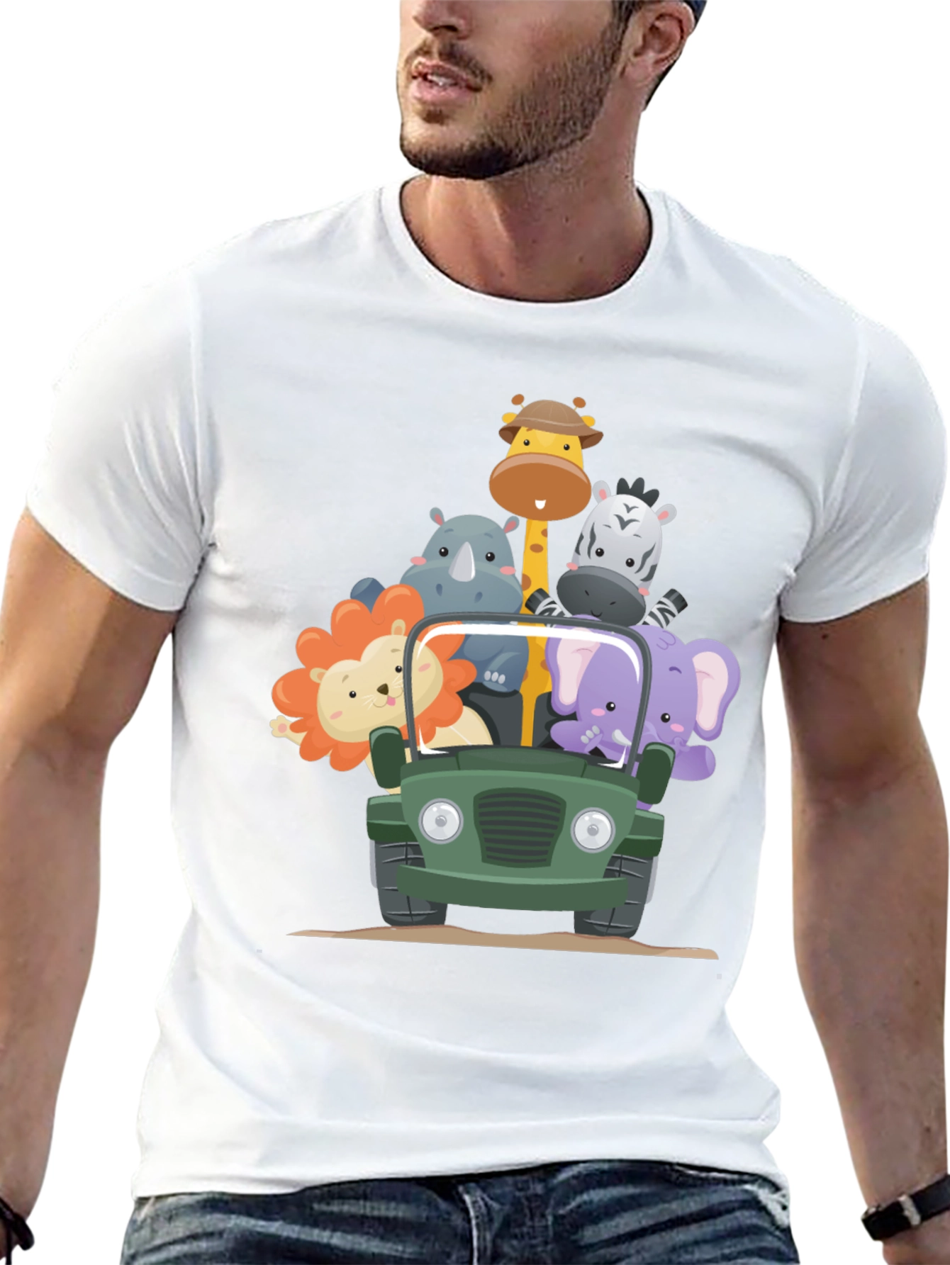 Safari Adventure T-Shirt - Cartoon Animals in a Jeep