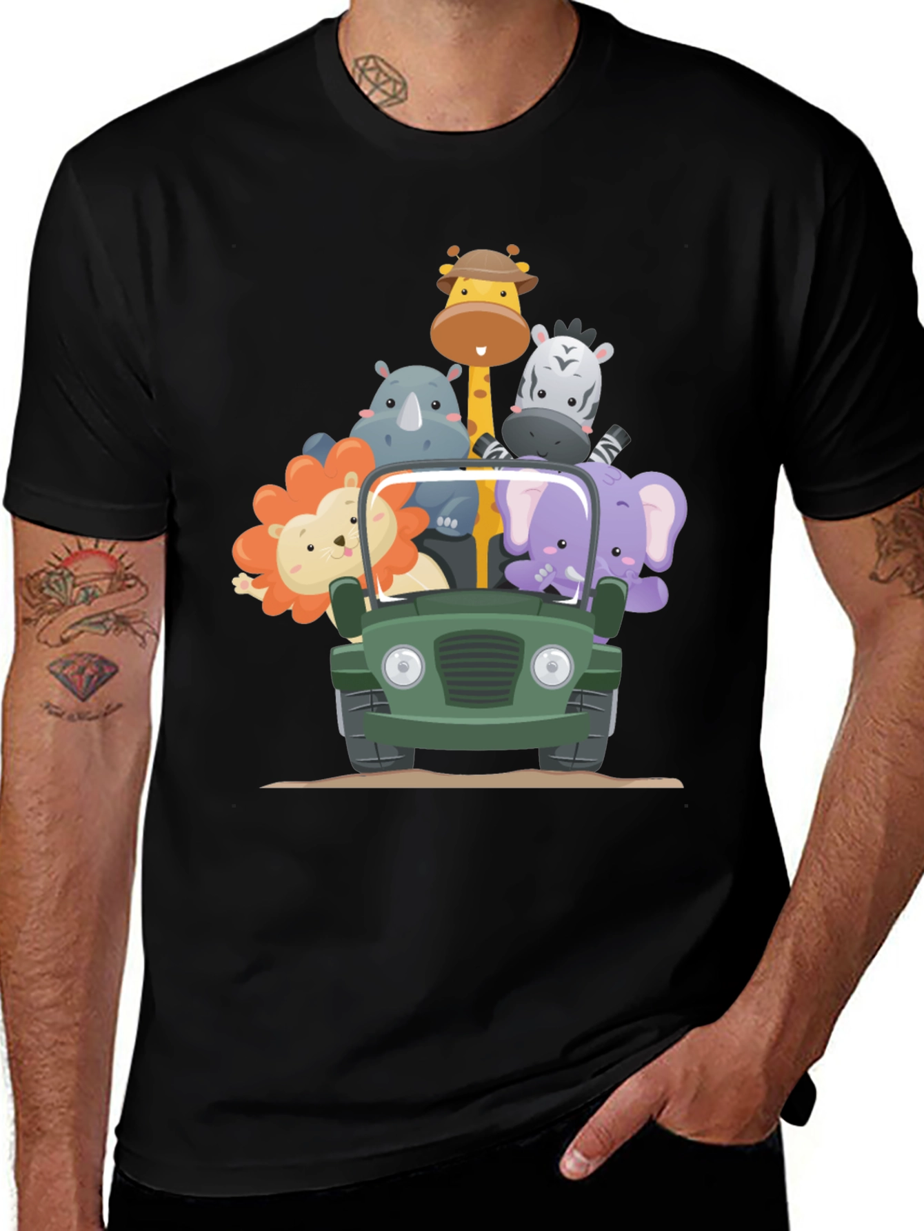 Safari Adventure T-Shirt - Cartoon Animals in a Jeep