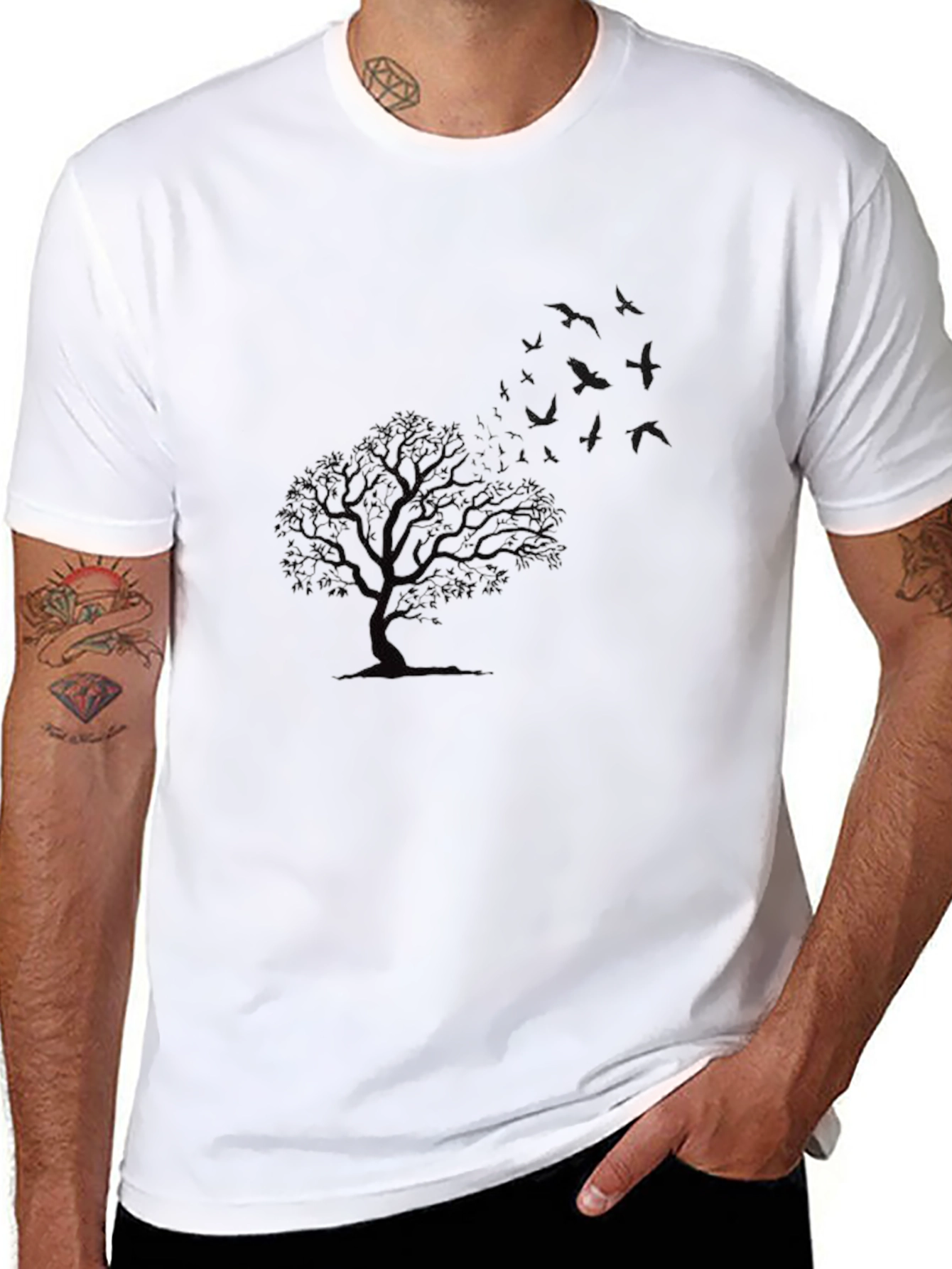 Mens Black Tree and Bird Graphic T-Shirt