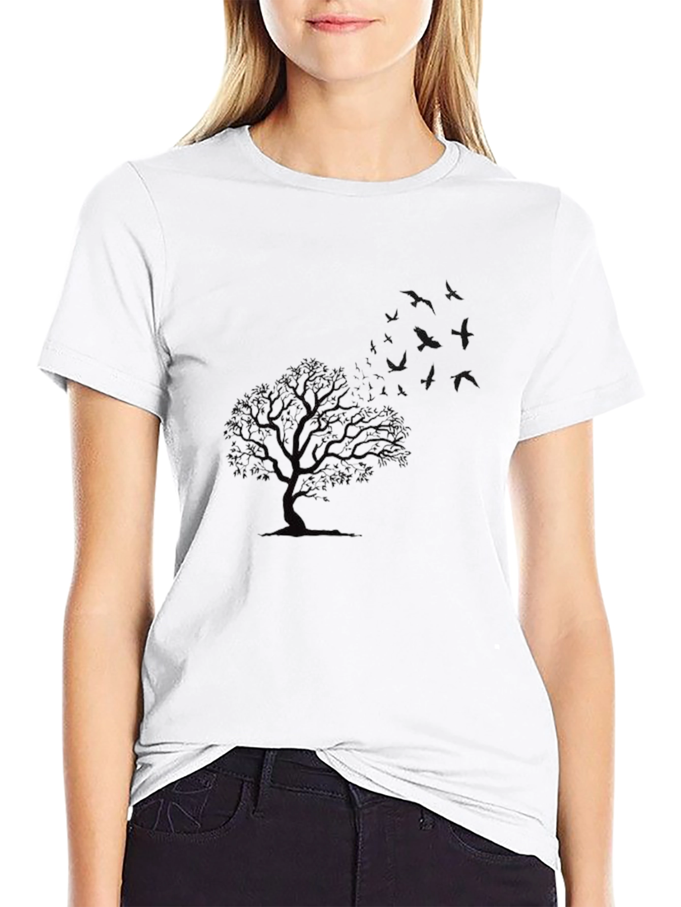 Mens Black Tree and Bird Graphic T-Shirt