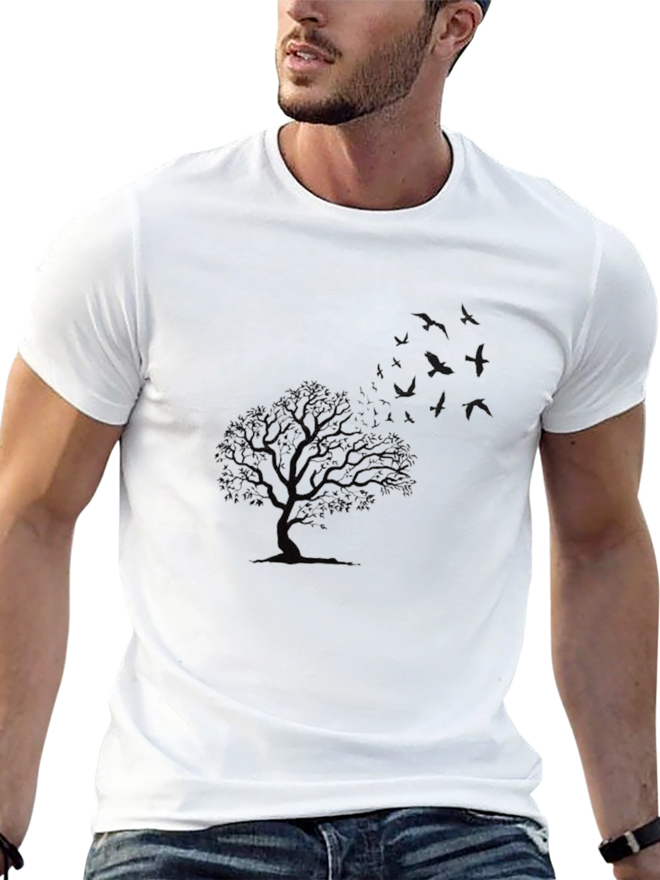 Mens Black Tree and Bird Graphic T-Shirt