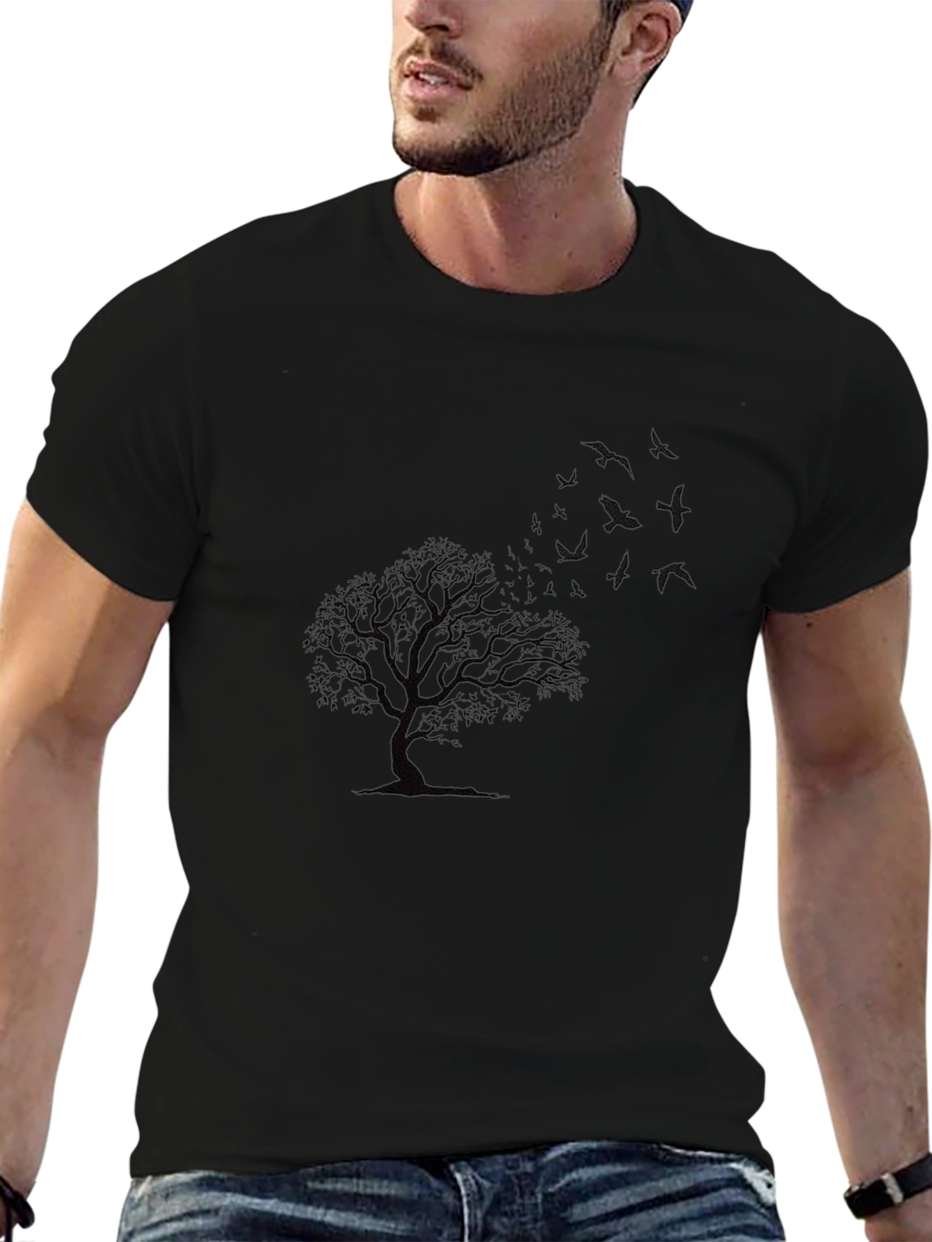 Mens Black Tree and Bird Graphic T-Shirt