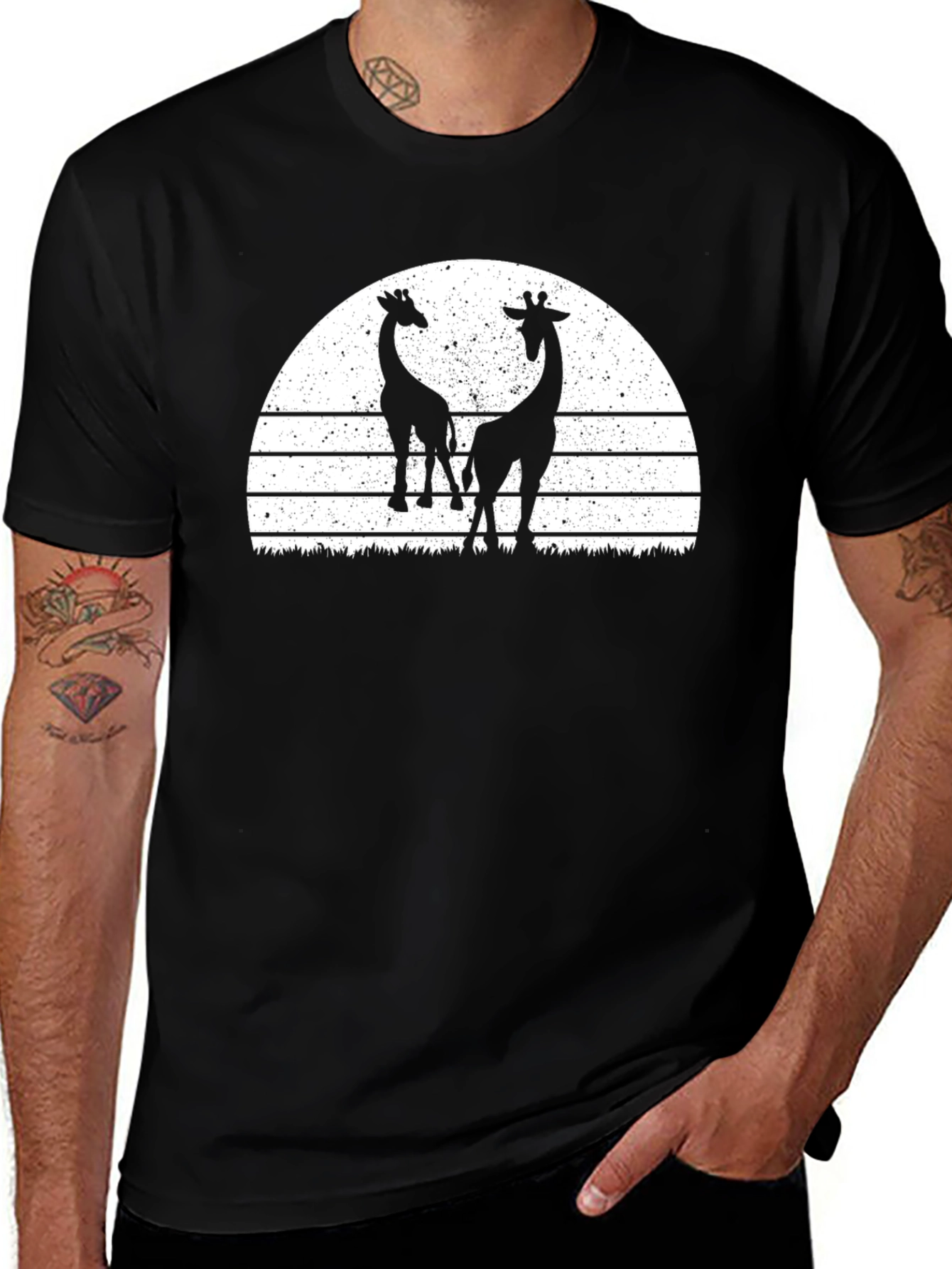 Giraffe Silhouette Sunset Graphic Tee - Black