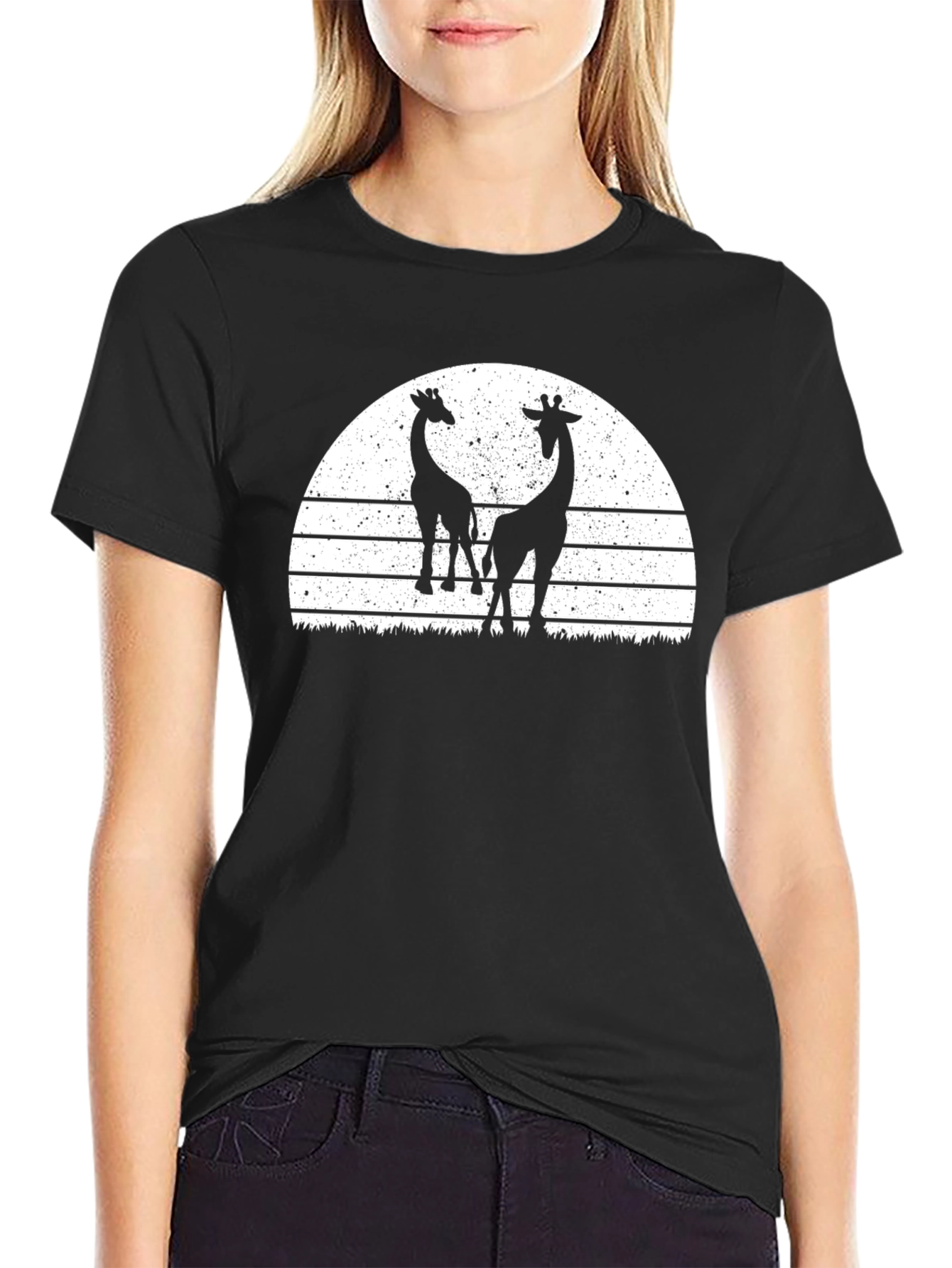 Giraffe Silhouette Sunset Graphic Tee - Black