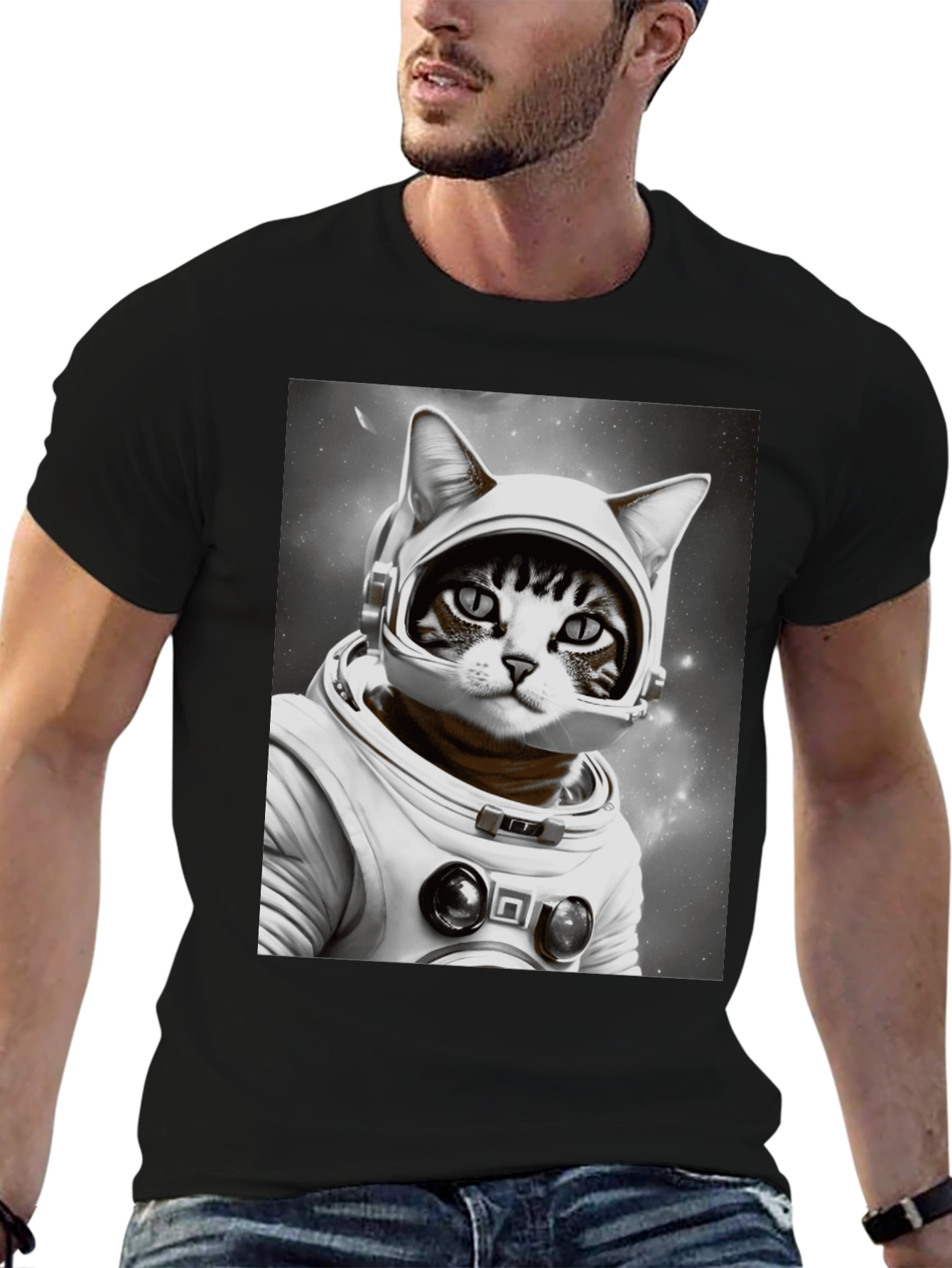 Cat Astronaut Graphic T-Shirt - Black Unisex Tee