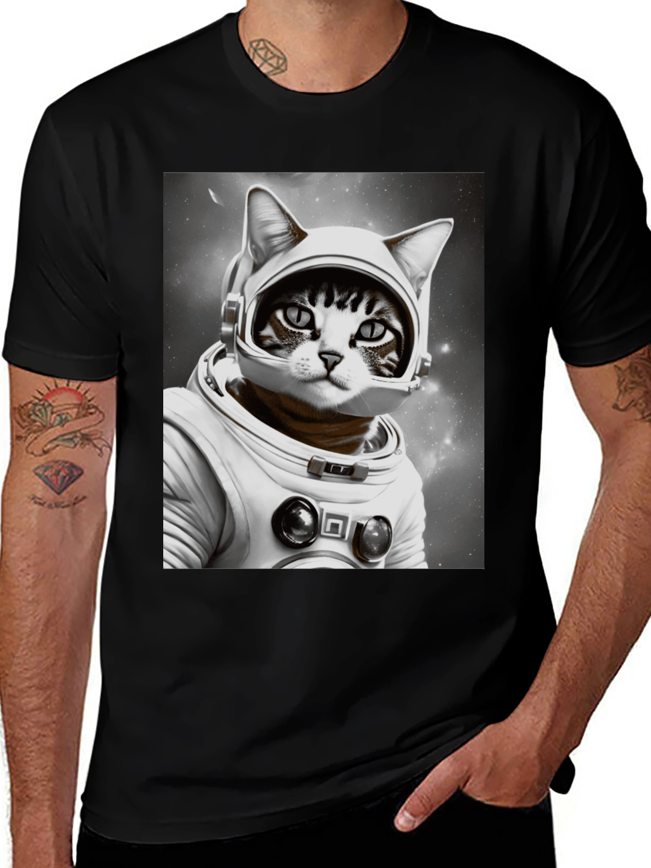 Cat Astronaut Graphic T-Shirt - Black Unisex Tee