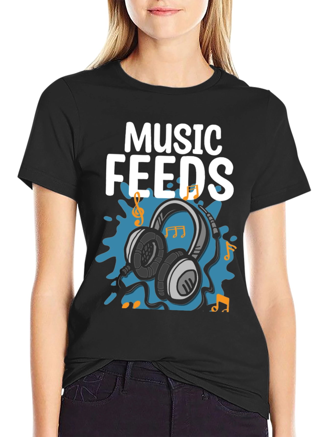 Music Feeds Headphones Black T-Shirt