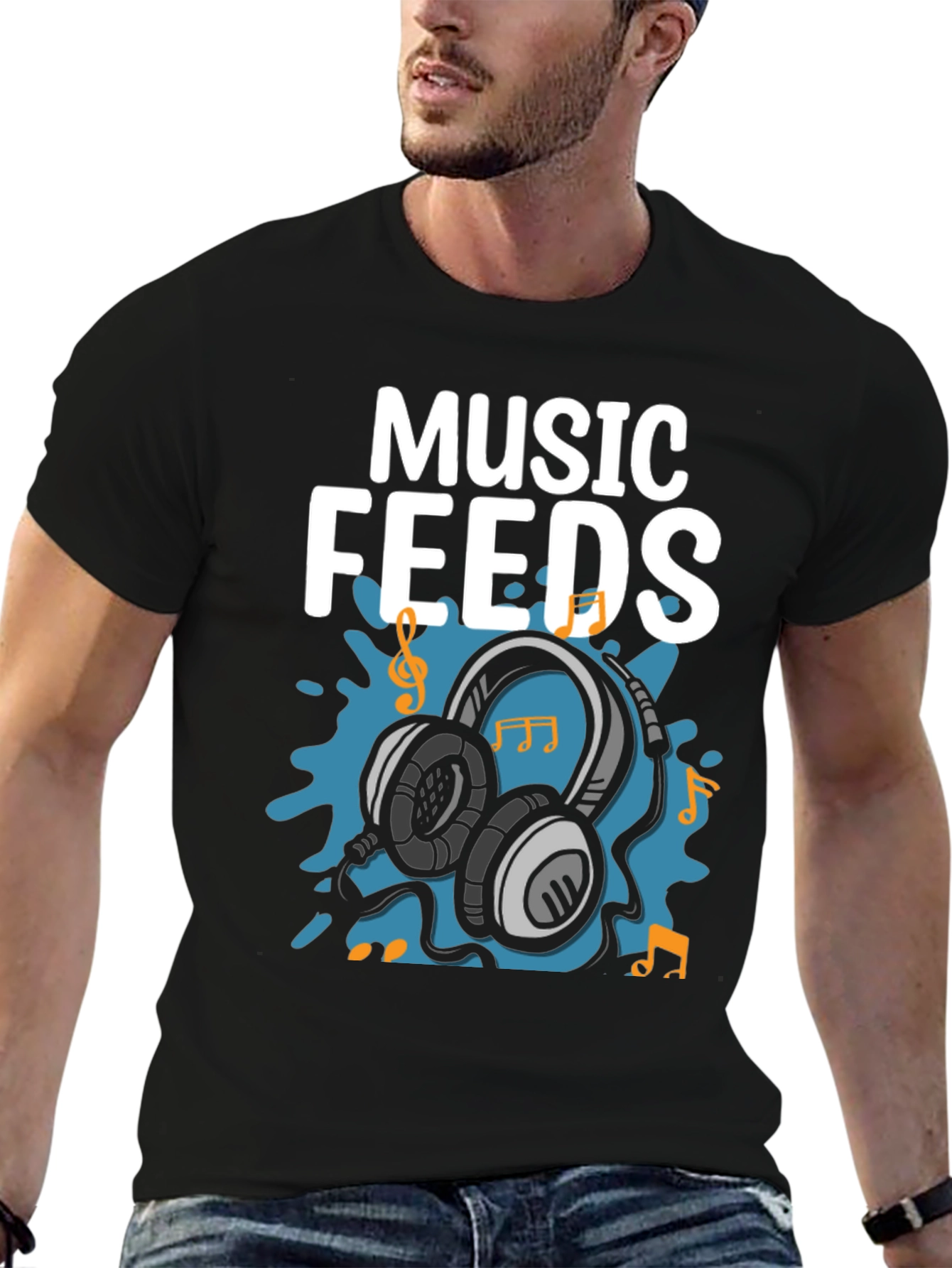 Music Feeds Headphones Black T-Shirt