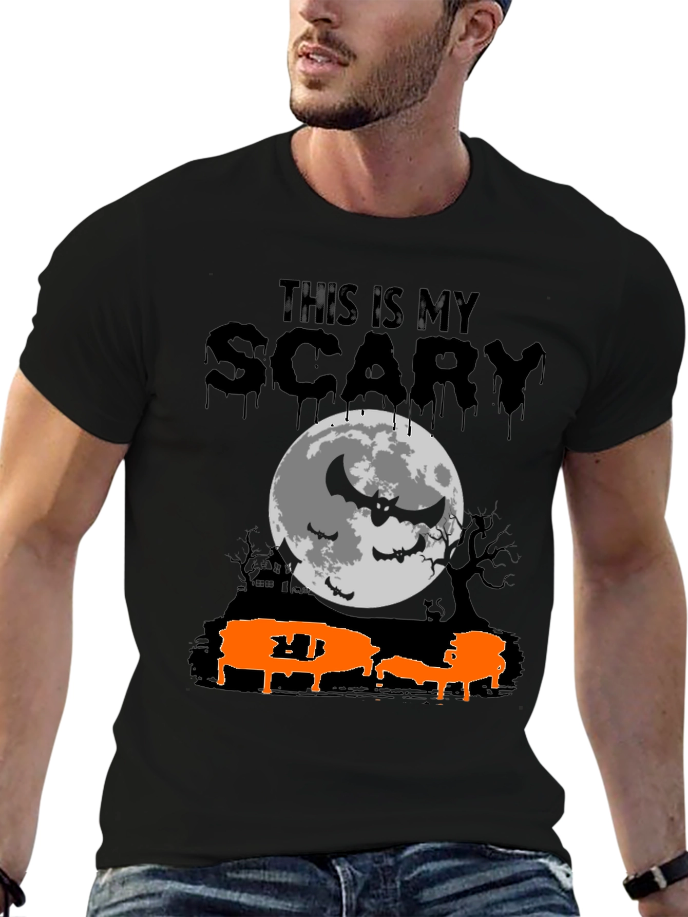 Scary Halloween T-Shirt - Bats & Moon Design