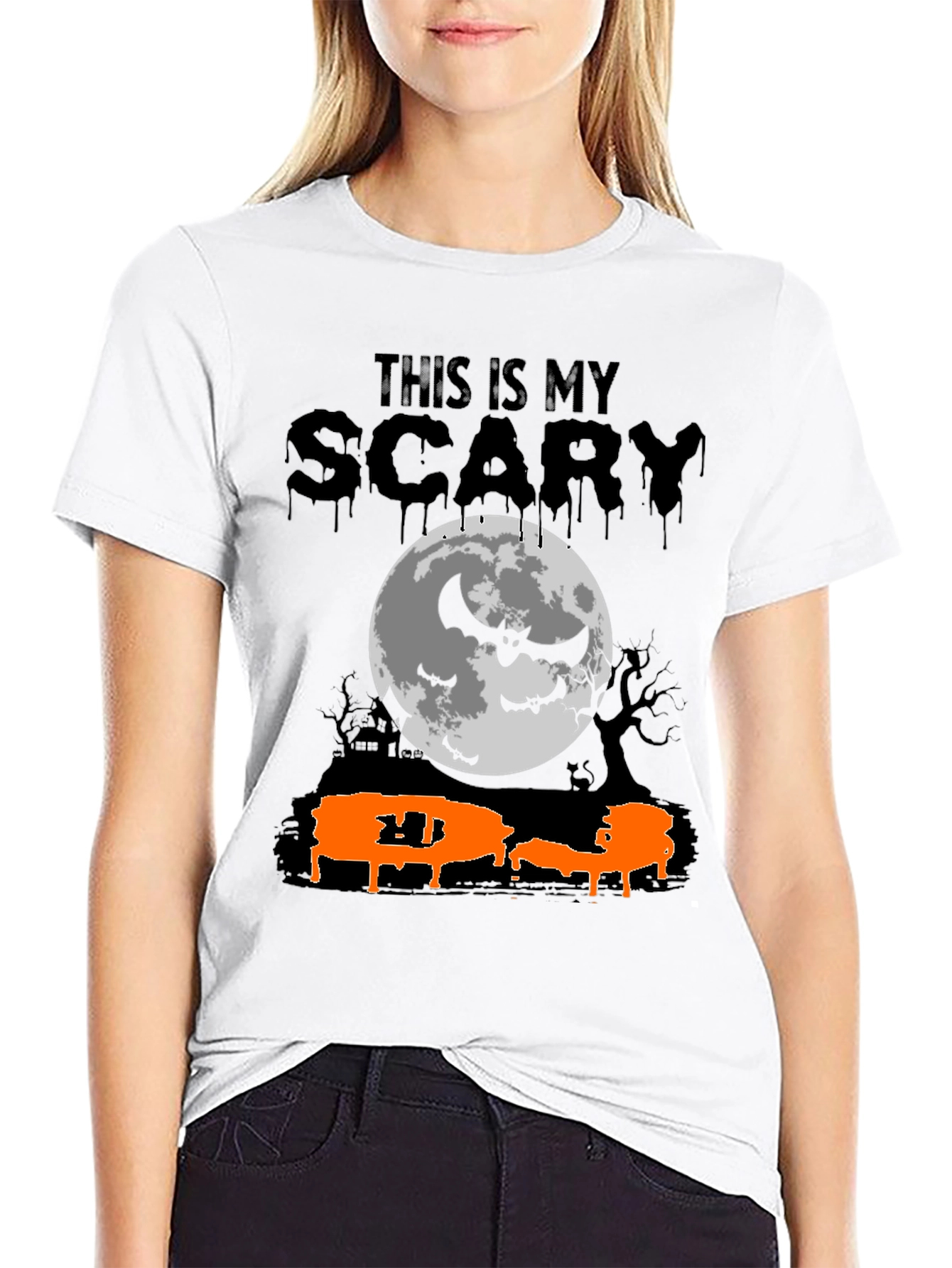 Scary Halloween T-Shirt - Bats & Moon Design