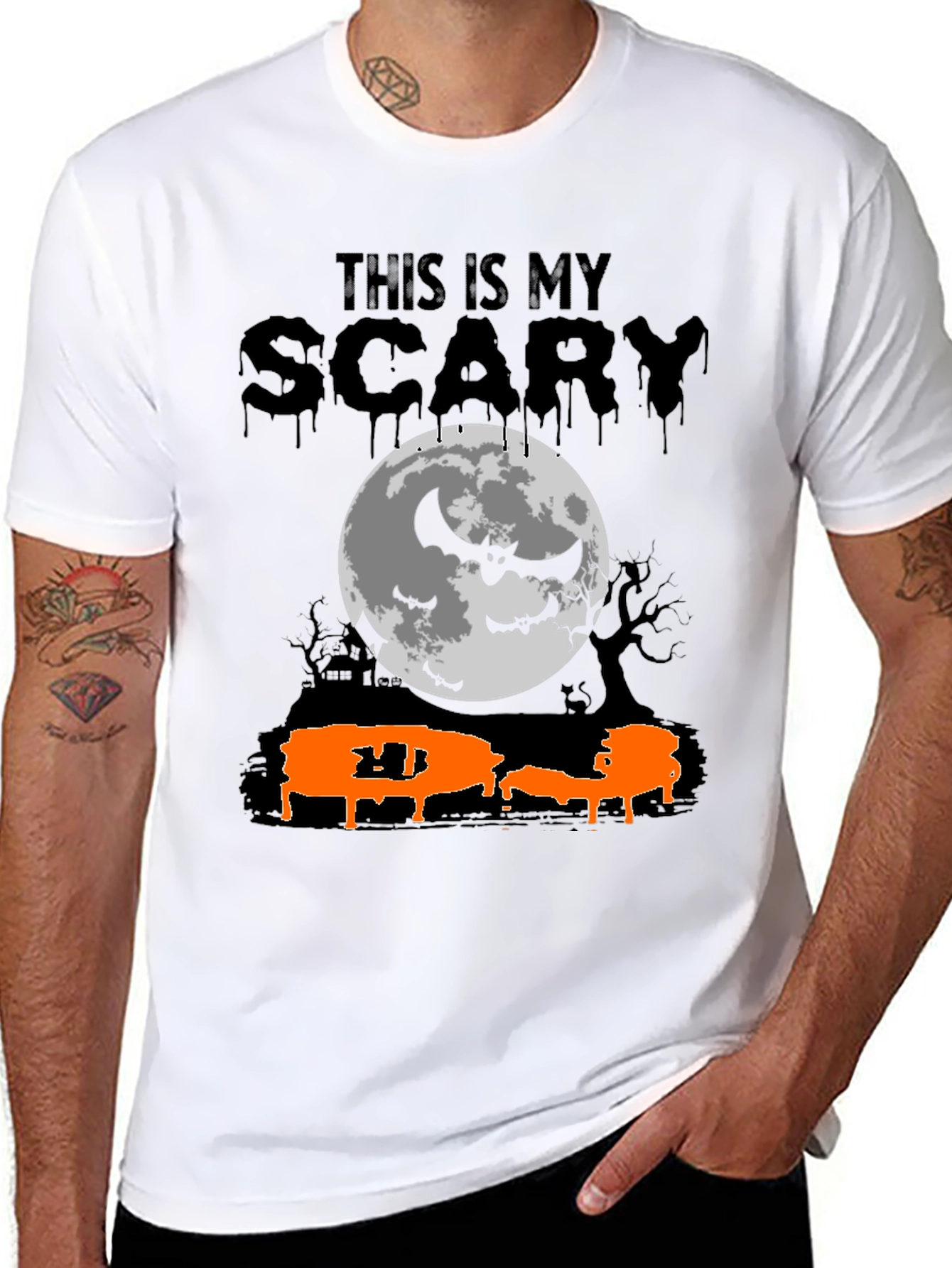 Scary Halloween T-Shirt - Bats & Moon Design