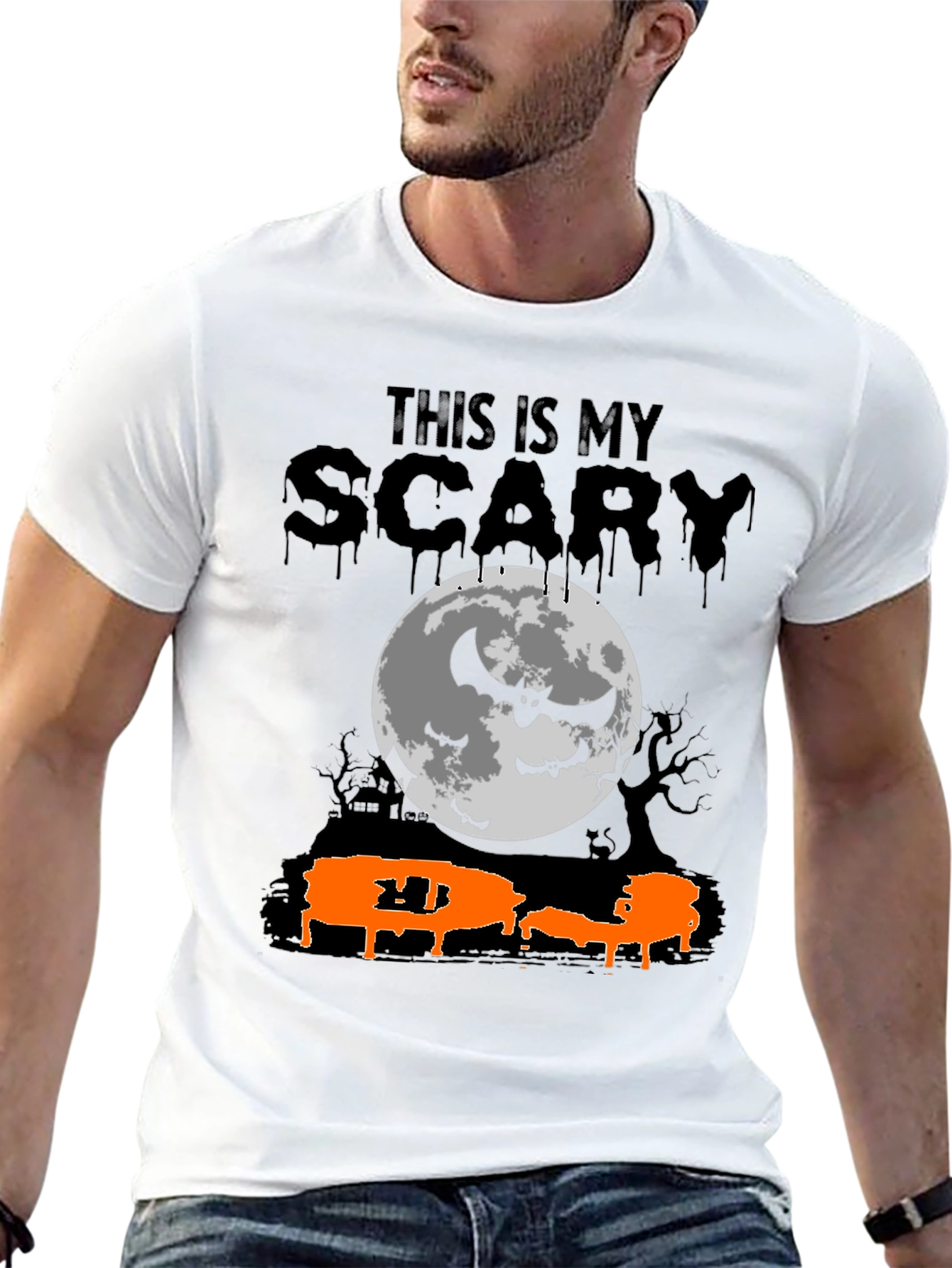 Scary Halloween T-Shirt - Bats & Moon Design