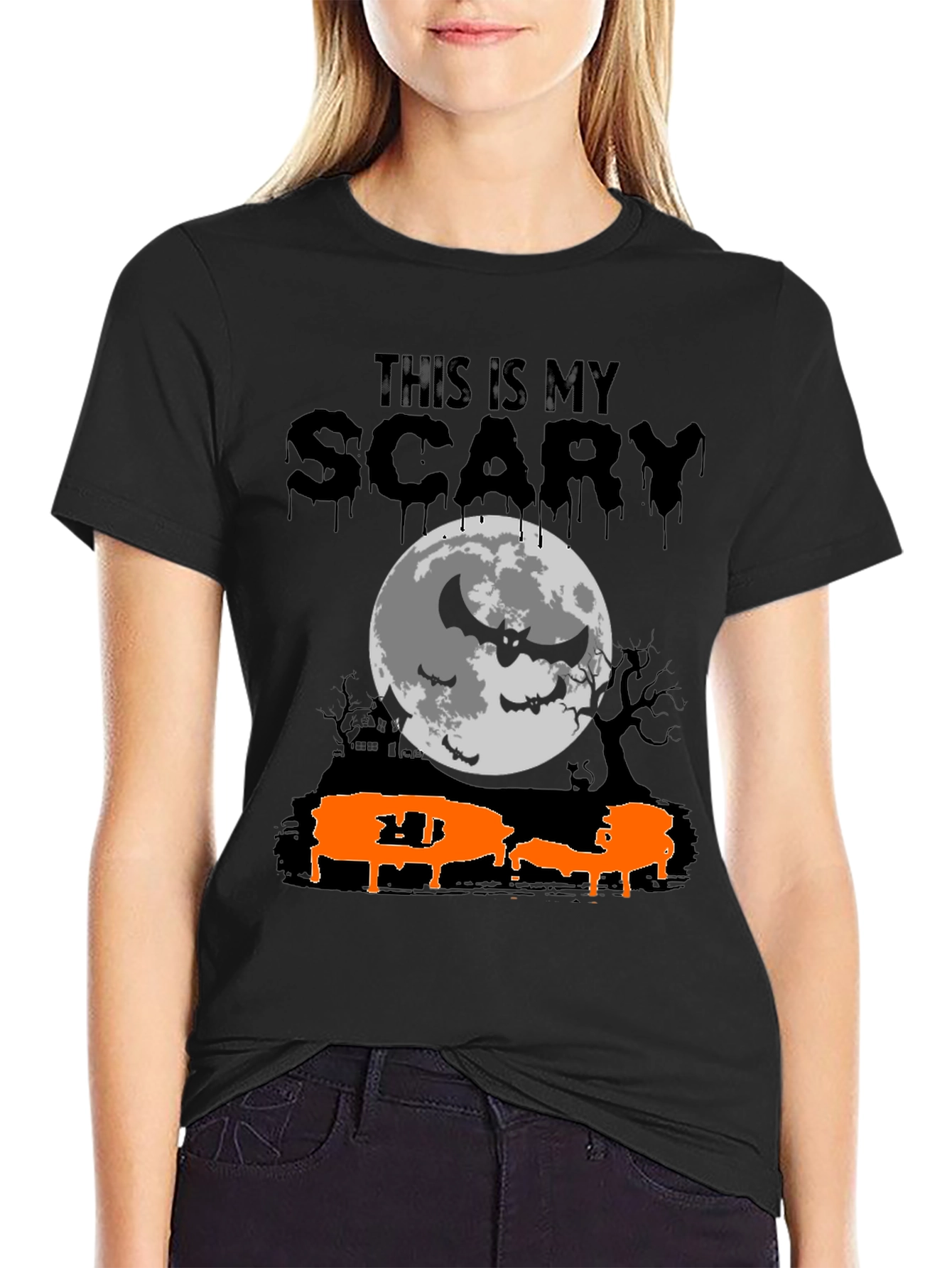 Scary Halloween T-Shirt - Bats & Moon Design