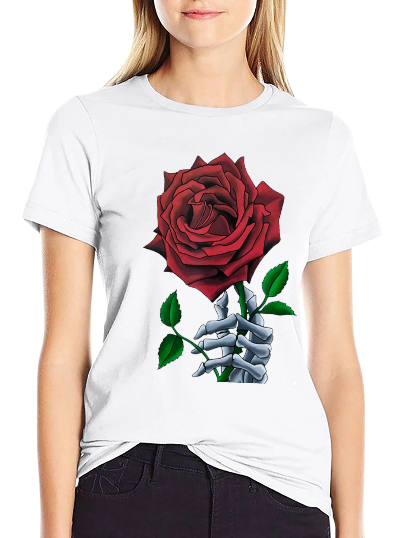 Rose Skeleton Hand Graphic T-Shirt