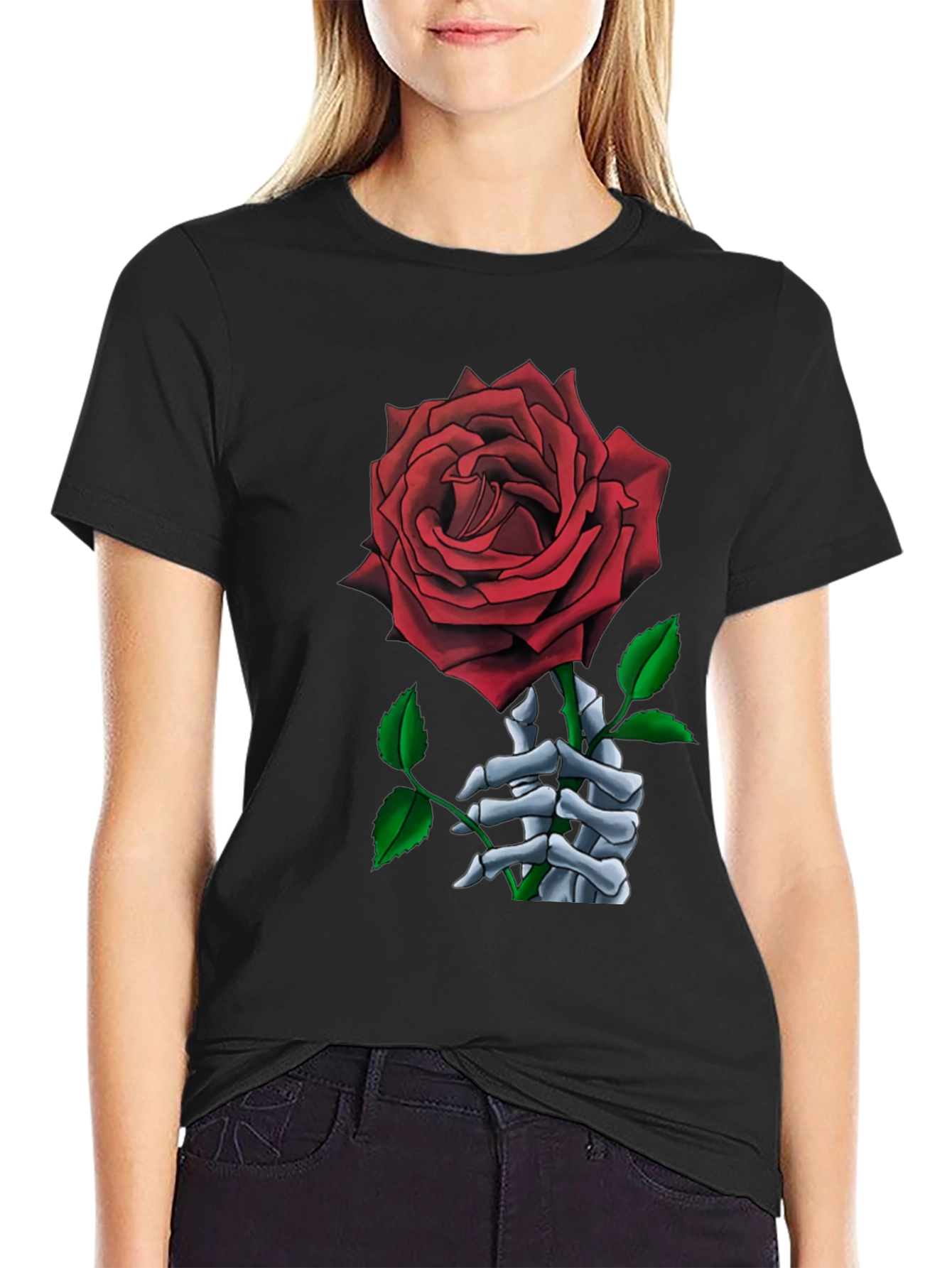 Rose Skeleton Hand Graphic T-Shirt