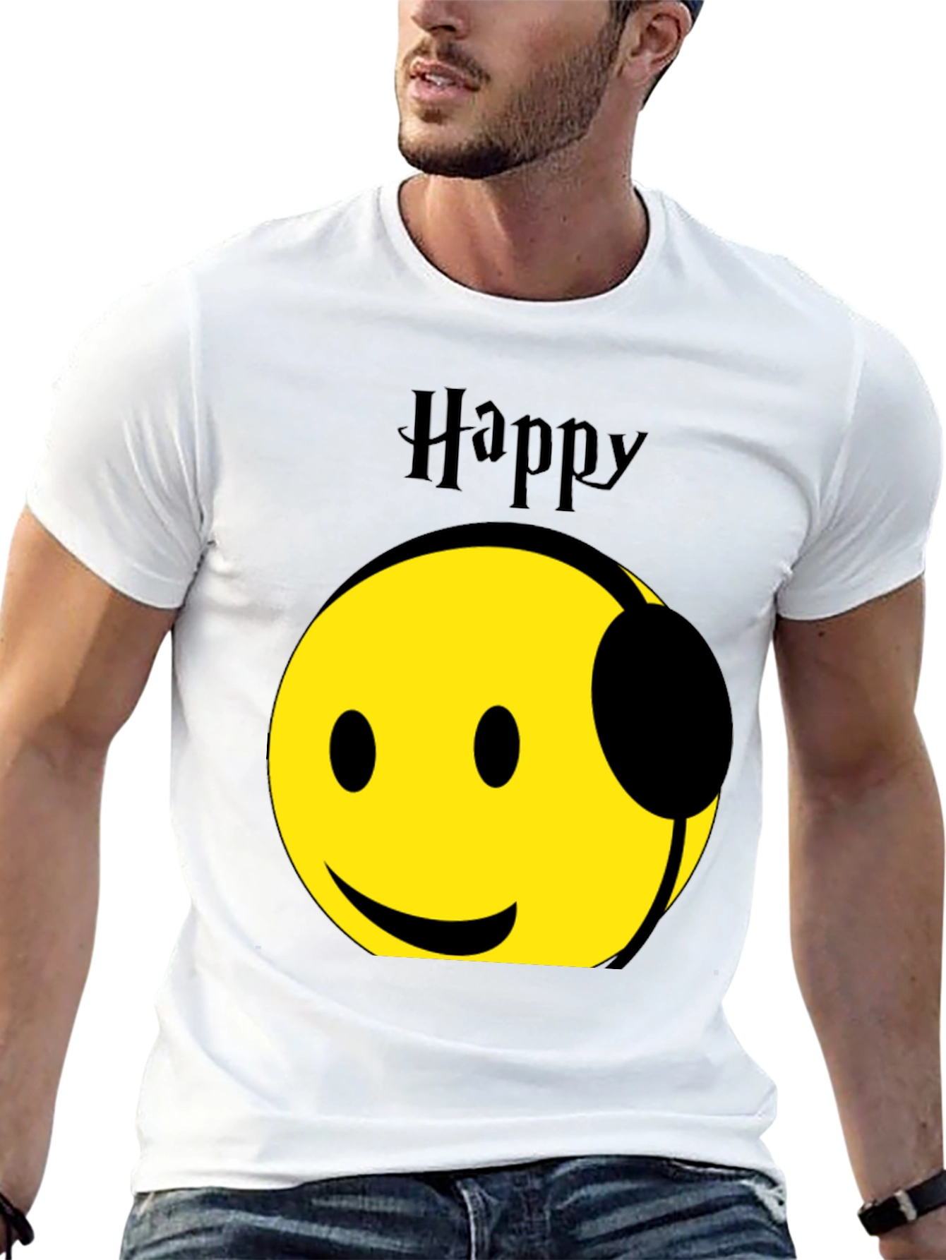 Happy Headphones T-Shirt - Black Graphic Tee