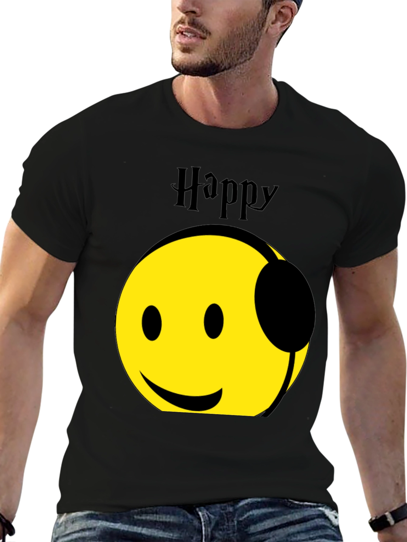 Happy Headphones T-Shirt - Black Graphic Tee