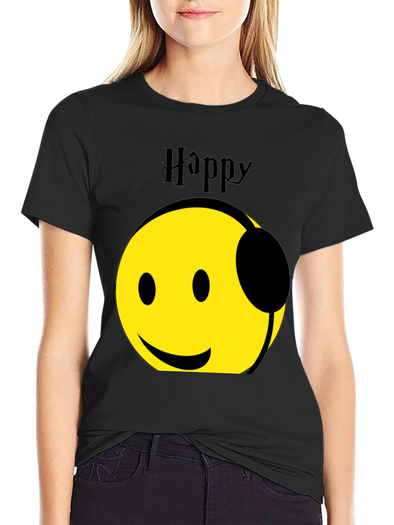 Happy Headphones T-Shirt - Black Graphic Tee